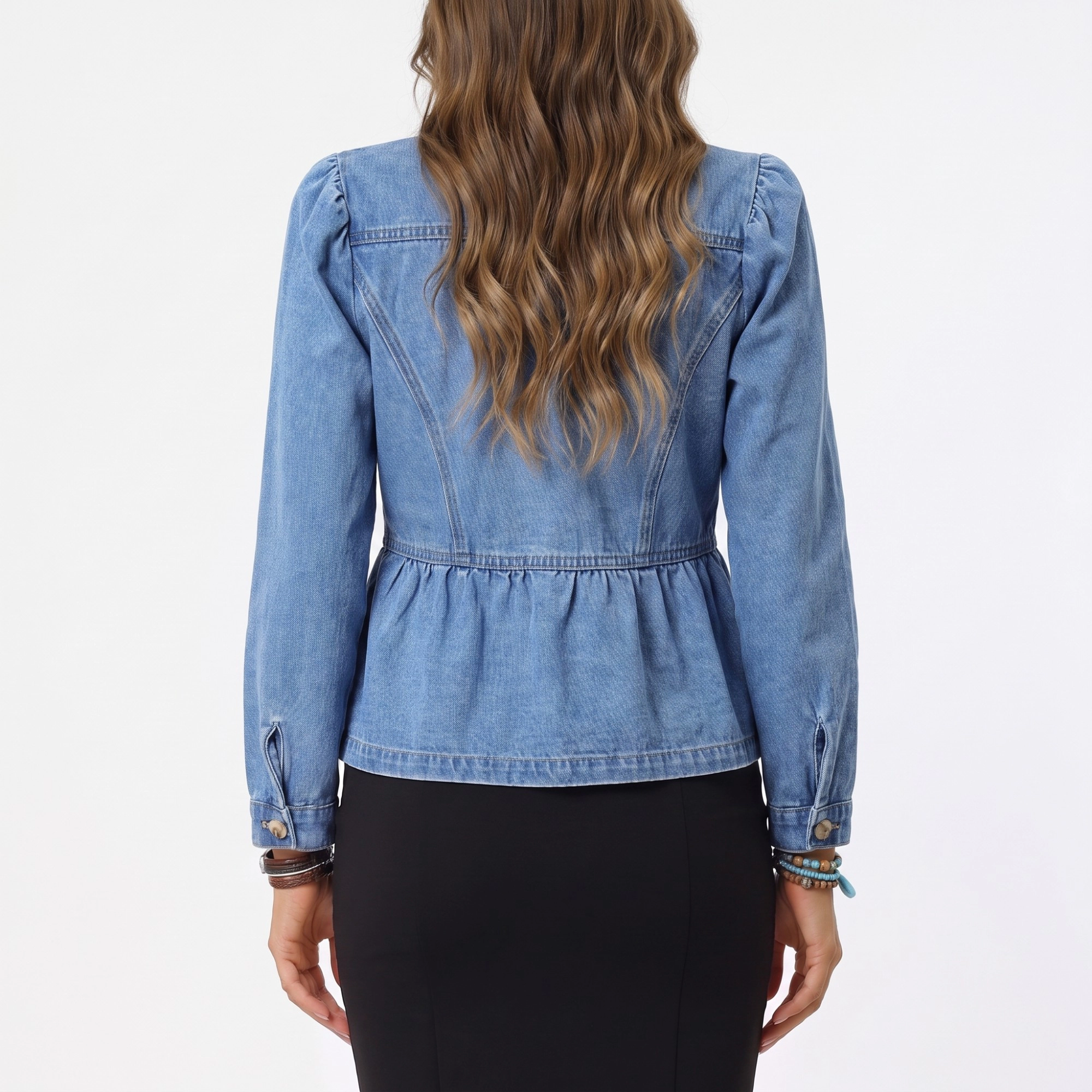Anna-Kaci Women's Peplum Denim Jacket Long Sleeve Button Front Jean Blazer