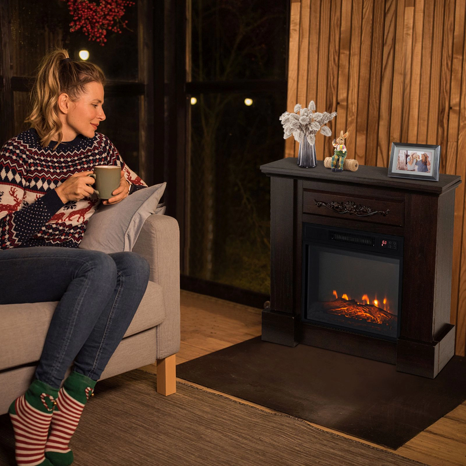 SlickBlue Brown MDF Electric Fireplace Mantel with 1400W Heater, 3D Flame, Remote Control