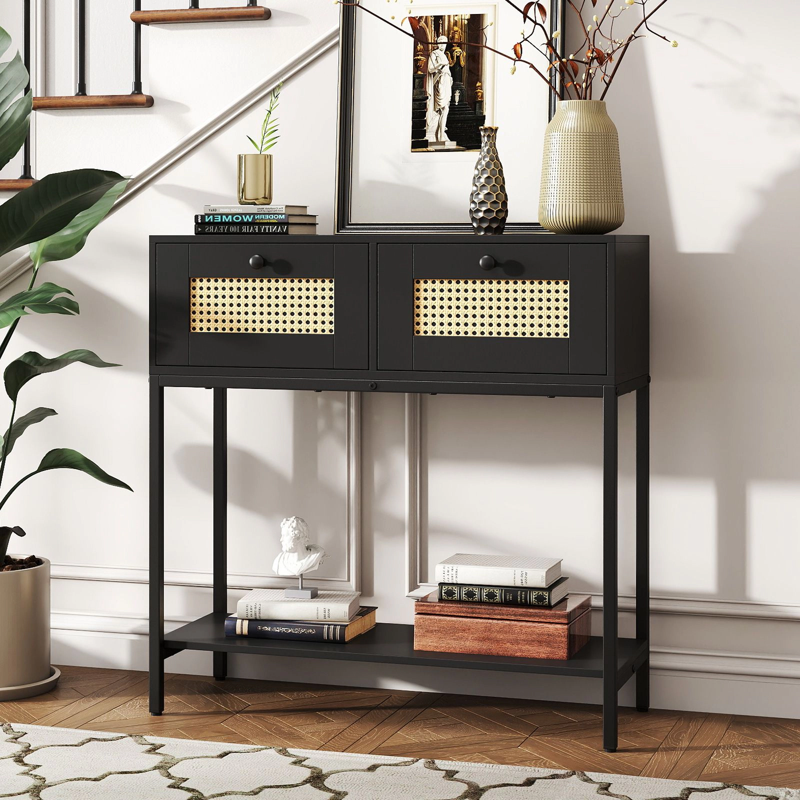 SlickBlue Rattan Console Table with Drawers and open Storage Shelf