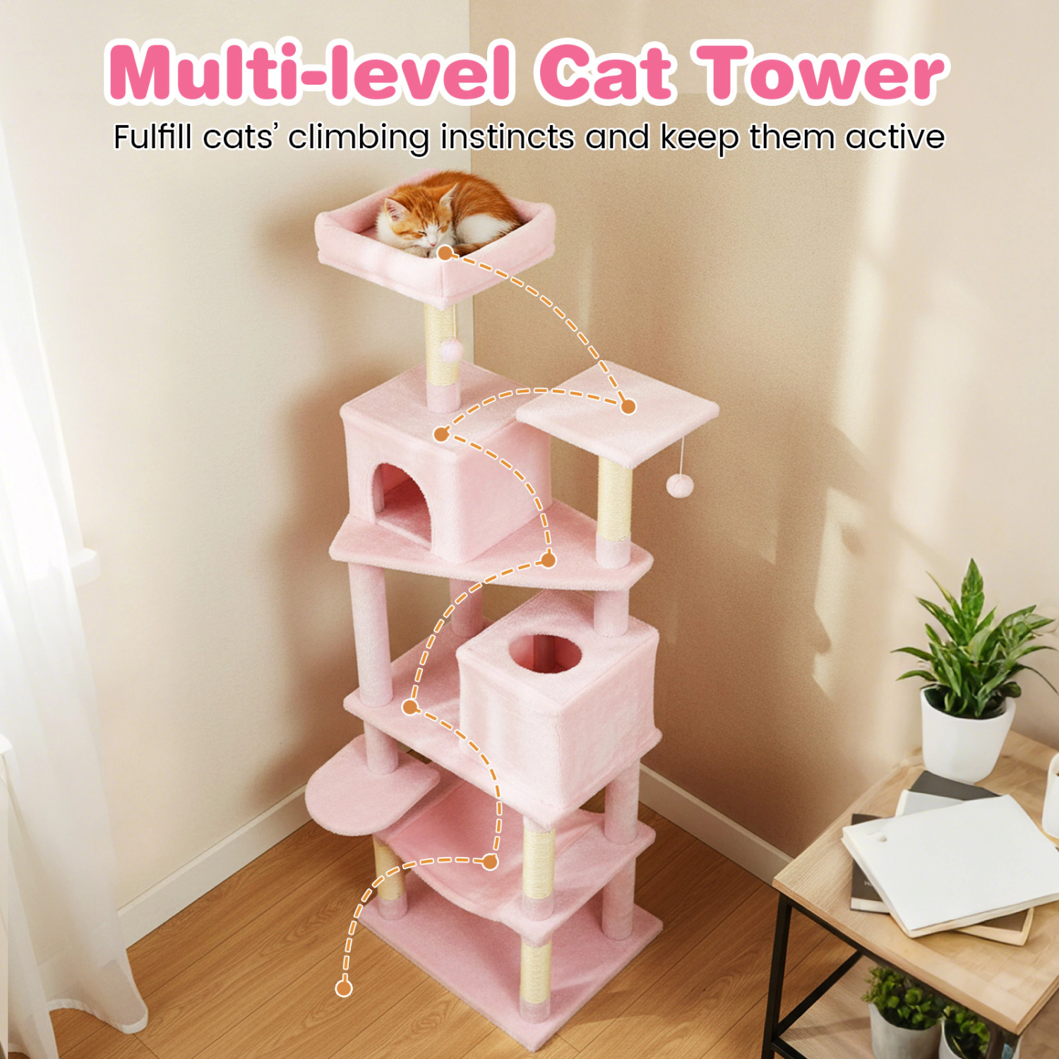 SUGIFT 58-in Pink Multi-Level Cat Tree Tower with 2 Condos Basket Hammock and Upholstered Top Perch