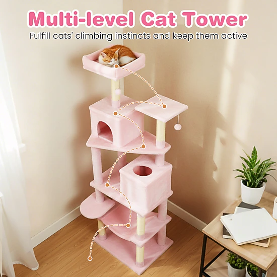 SUGIFT 58-in Pink Multi-Level Cat Tree Tower with 2 Condos Basket Hammock and Upholstered Top Perch