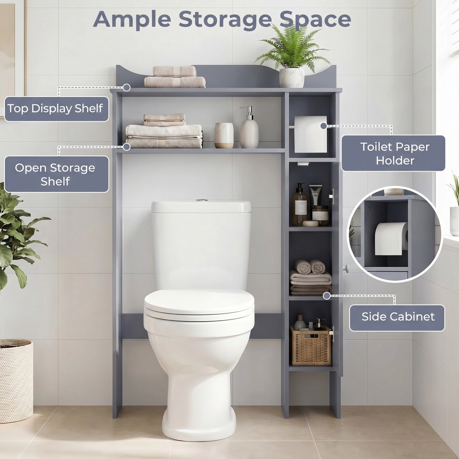SUGIFT Gray 43.5-in Over the Toilet Storage Cabinet with Built-In Toilet Paper Holder and Removable Shelves