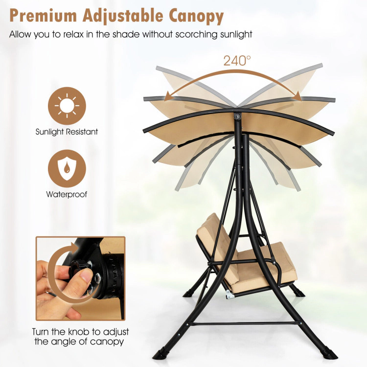 Hivvago 3-Seat Outdoor Porch Swing With Adjustable Canopy And Padded Cushions