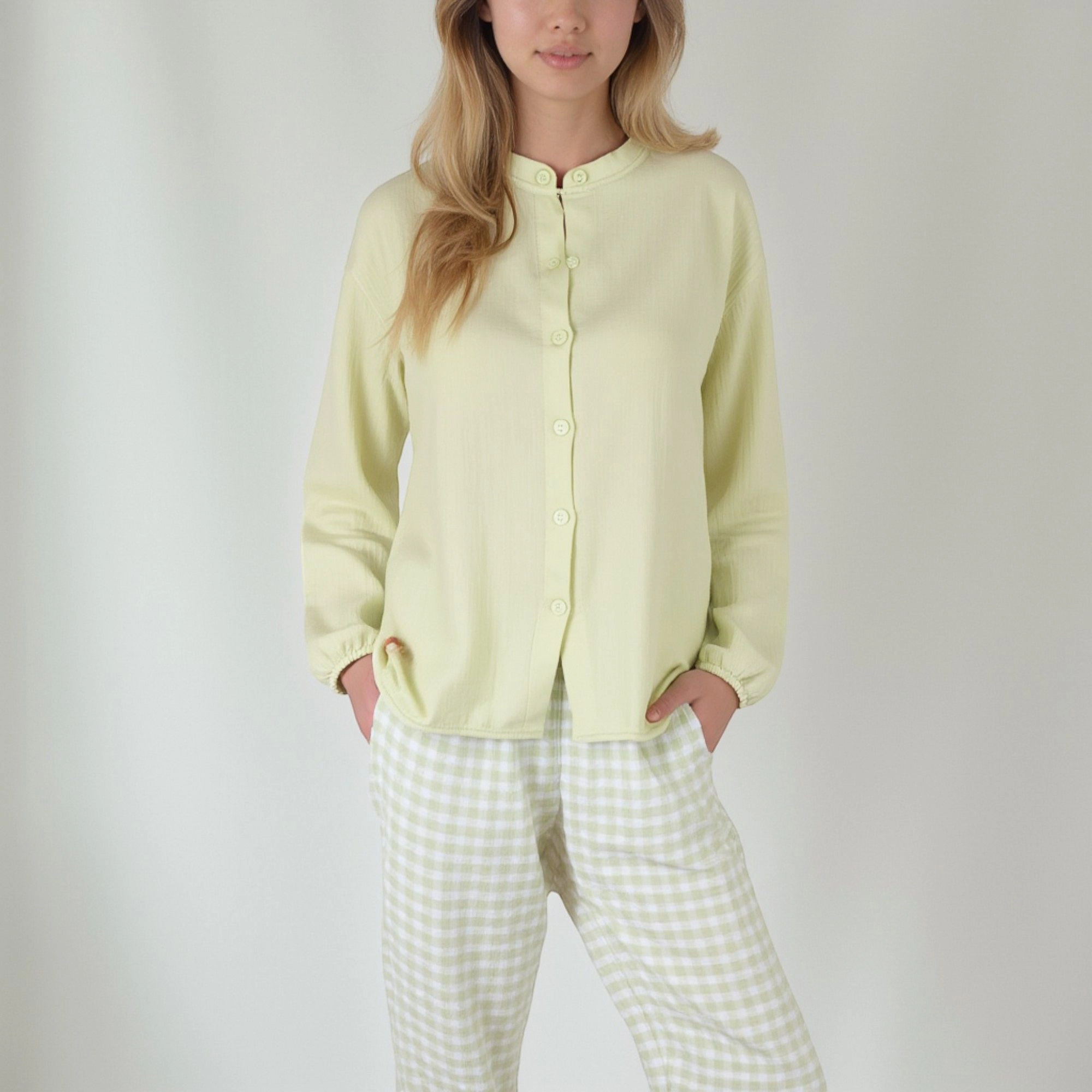 Anna-Kaci Women's Woven Pajama Set Long Sleeve Button Up Top Elastic Cuff Sleeves and Relaxed Gingham Print Lounge Pants