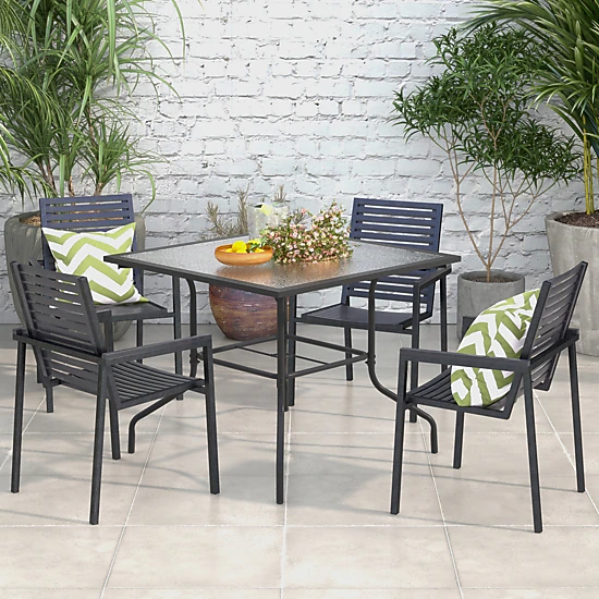 SUGIFT 35 in Square Patio Dining Table Black Tempered Glass Top with 1. ...