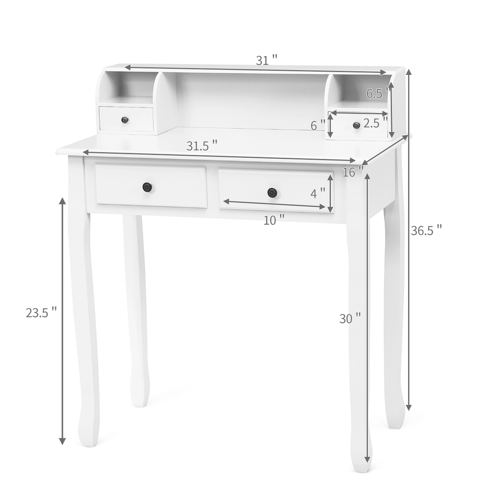 SUGIFT 31.5 in Writing Desk White 2-Tier Vanity Desk with 4 Drawers and Hutch