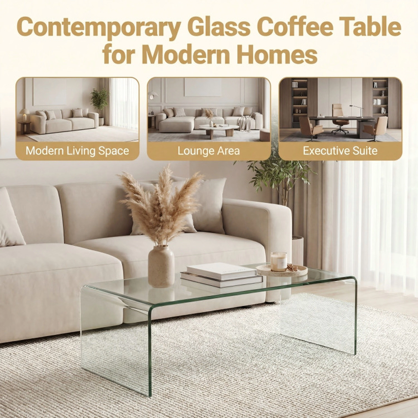 SUGIFT 40-in by 19.5-in 300-lb Capacity Clear Tempered Glass Coffee Table with Smooth Rounded Edges