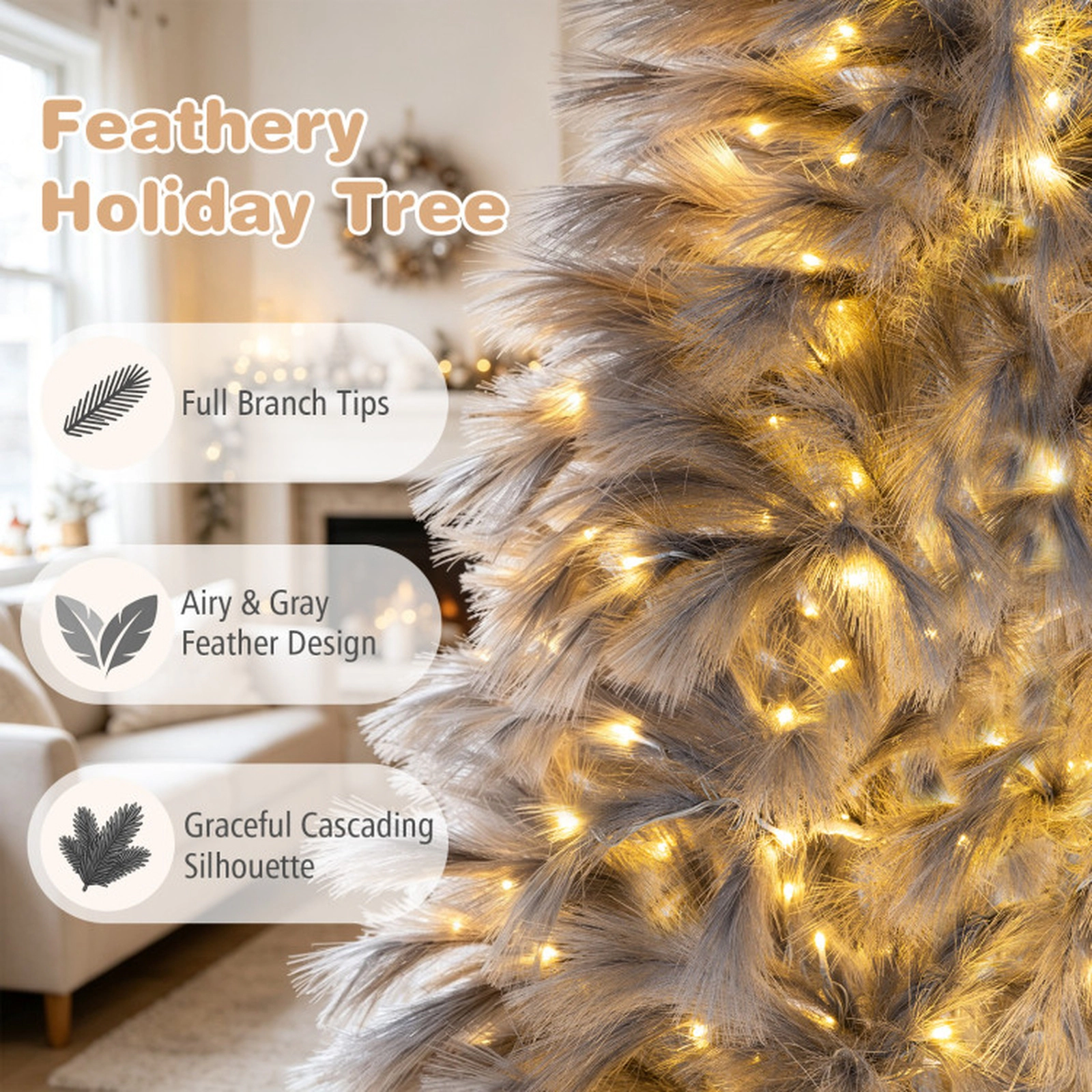 SUGIFT 7-ft Gray Pre-Lit Artificial Christmas Tree with 614 Feather-Inspired Tips and 250 Warm White LED Lights