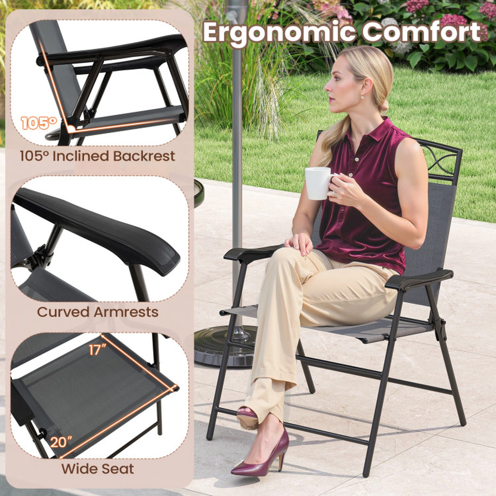 SUGIFT Set of 4 Gray Folding Patio Chairs, Outdoor Sling Seats with Armrests