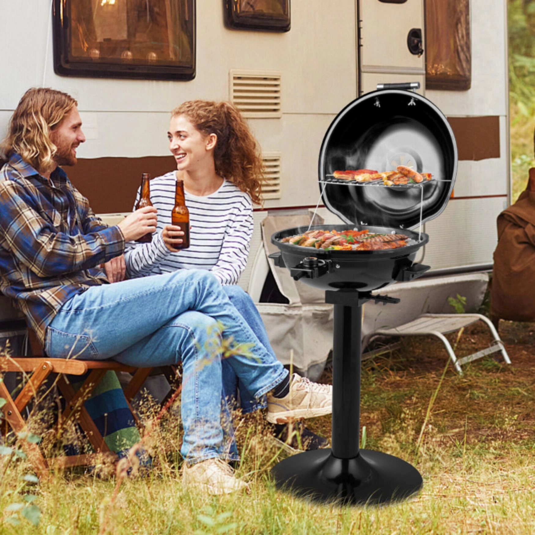 SUGIFT 1600W Electric BBQ Grill Adjustable 200-425 F Temperature Removable Warming Rack 15-in Grill Surface Black/Red