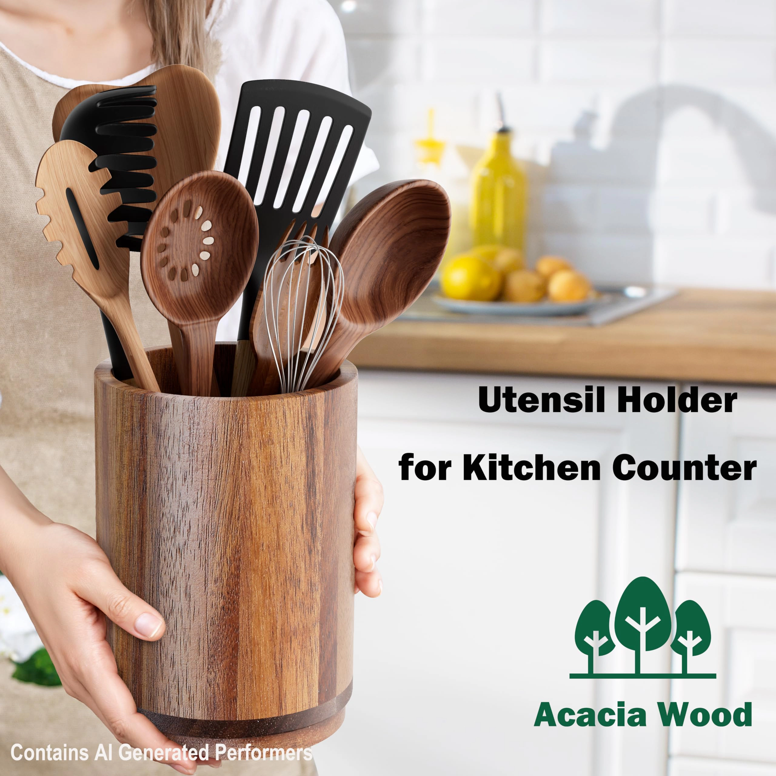 WZK Wood 15 Pcs Rotating Kitchen Utensil Holder