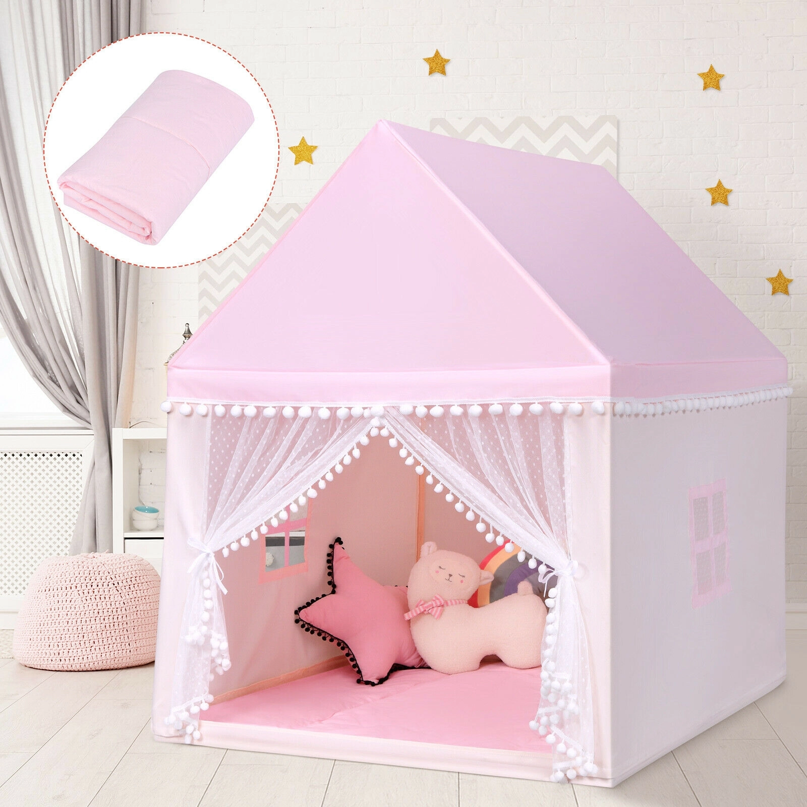 SUGIFT Solid Wood Frame Kids Play Castle Tent Playhouse with Thick Cotton Mat 55-in Tall Pink