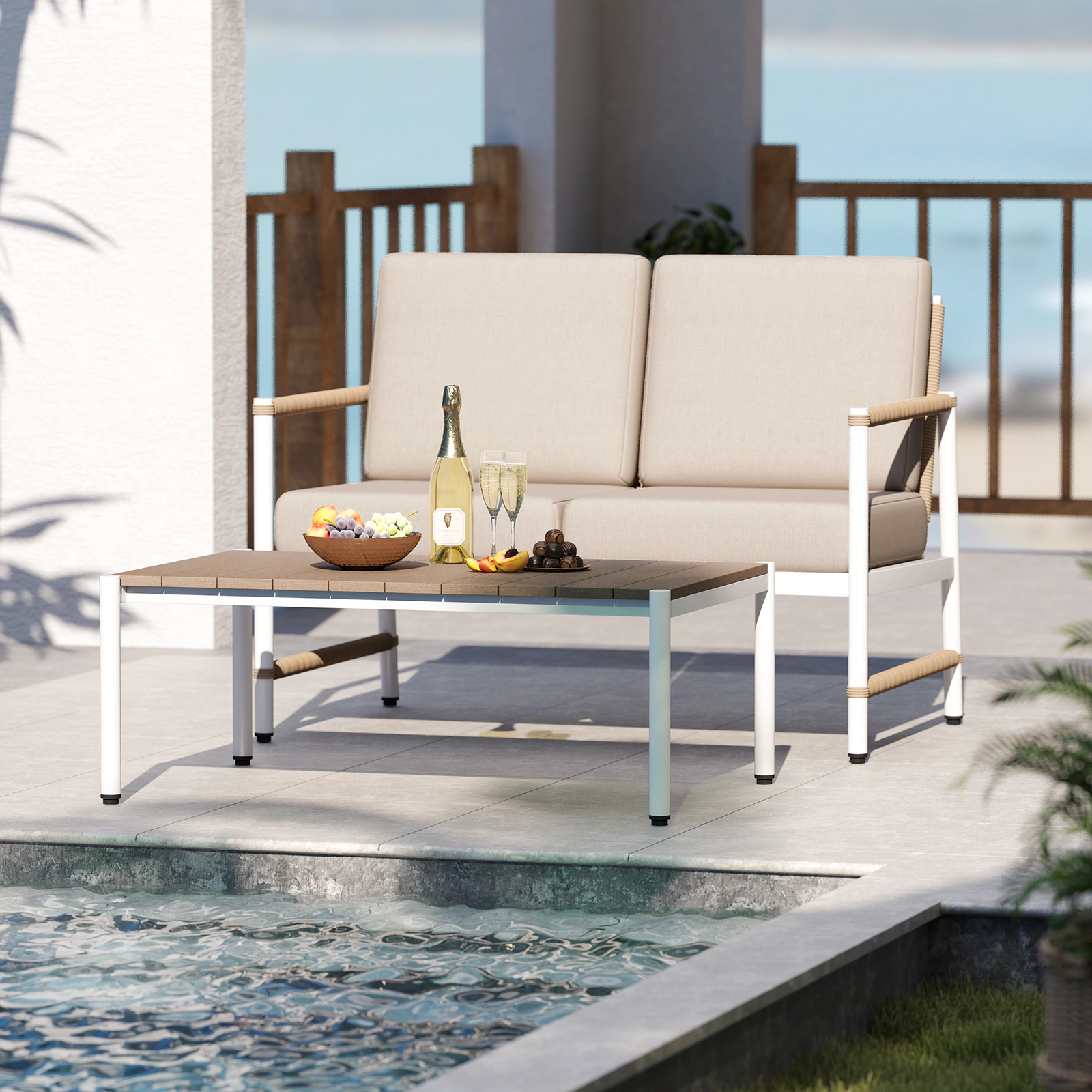SUGIFT 5 in Thick Cushions Aluminum Frame Gray Patio Loveseat and Coffee Table Set