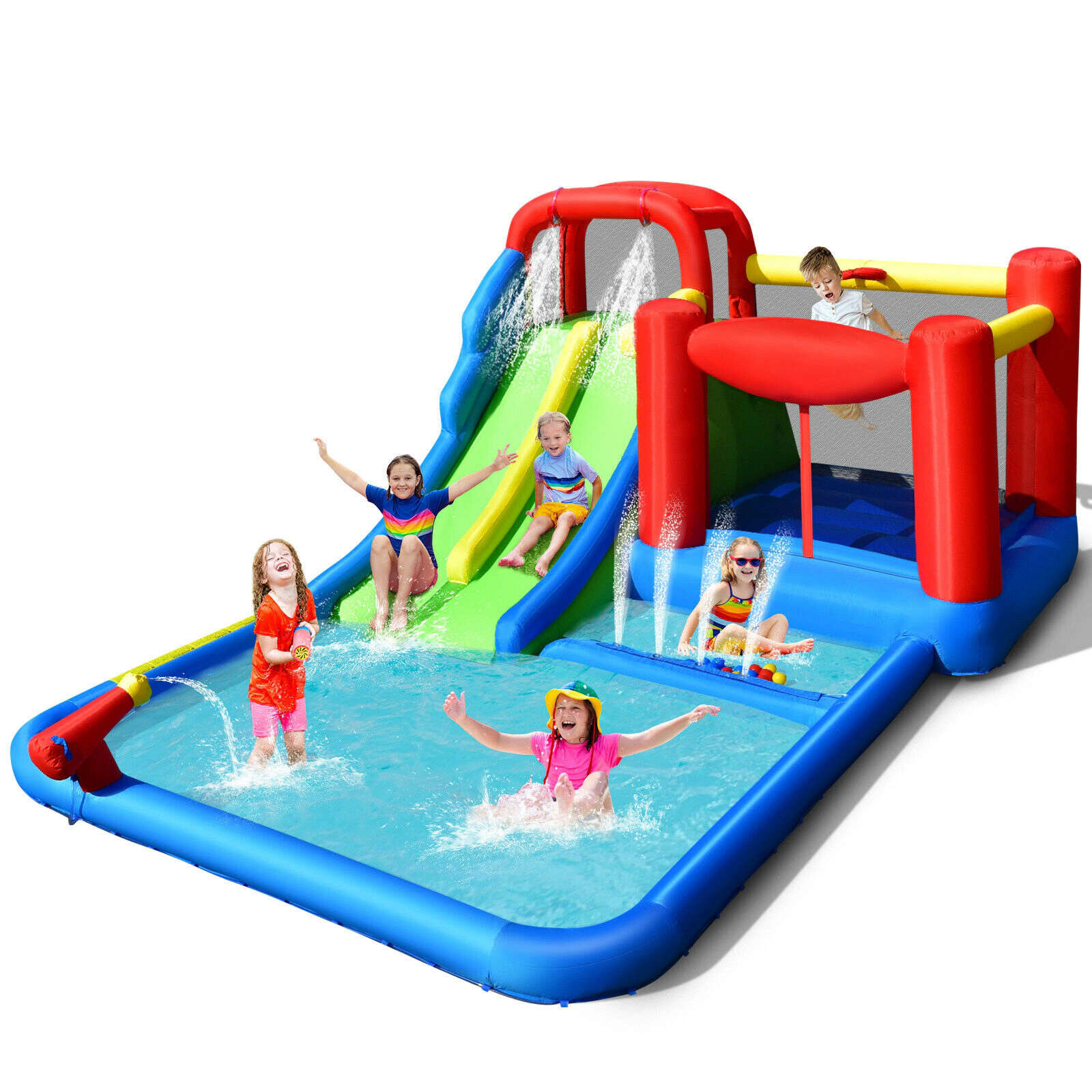 SUGIFT Inflatable Water Slide Bounce House with Ocean Spheres and Basketball Hoop 300-lb Total Capacity Ages 3-10