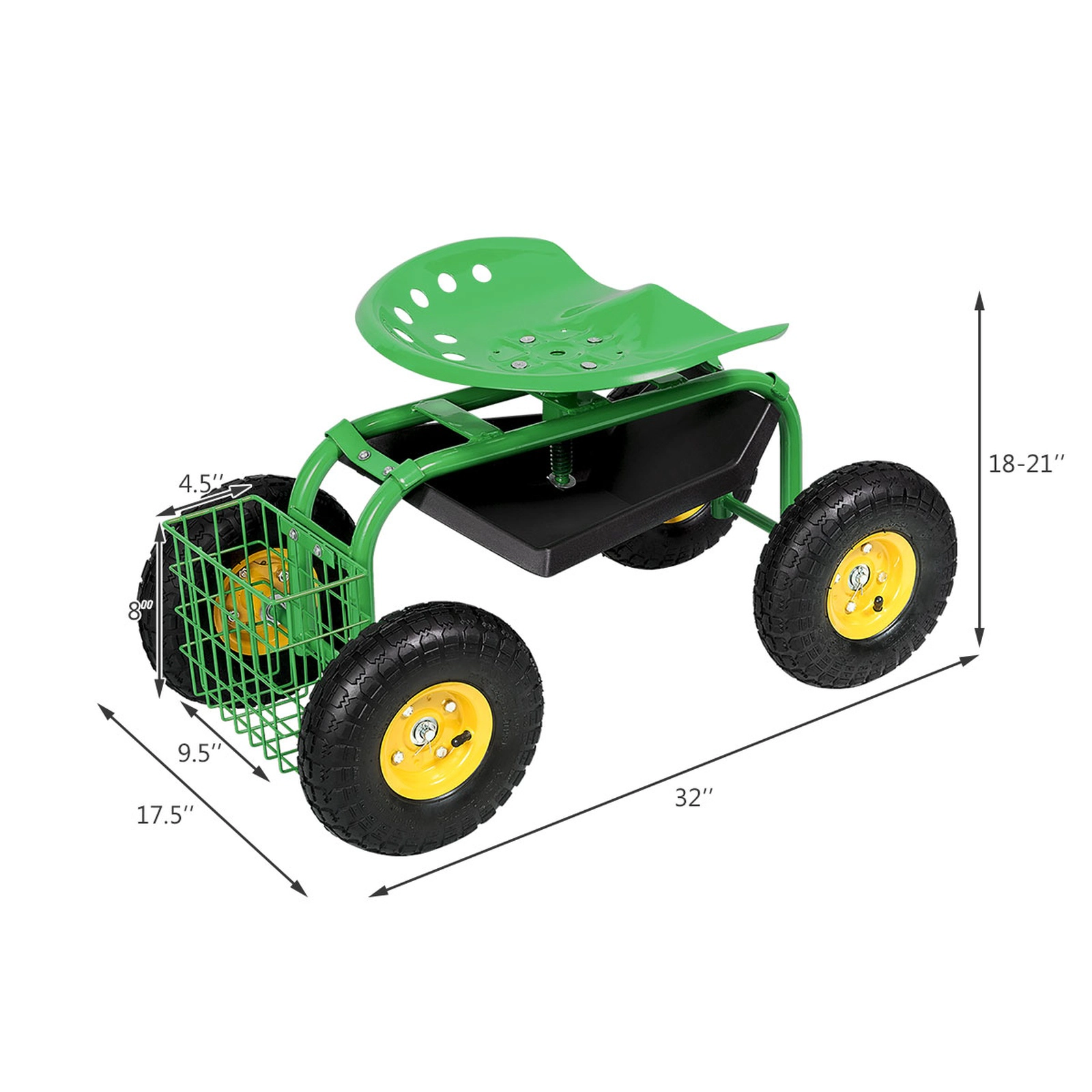 SUGIFT Height-Adjustable Rolling Garden Work Seat Cart with Tool Tray 330-lb Capacity Green