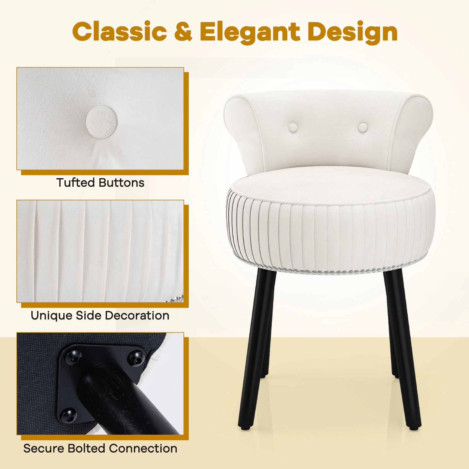SUGIFT Velvet Upholstered Vanity Chair with Tufted Low Back & Solid Wood Legs 234-lb Capacity 19-in Seat Pink Gray Beige