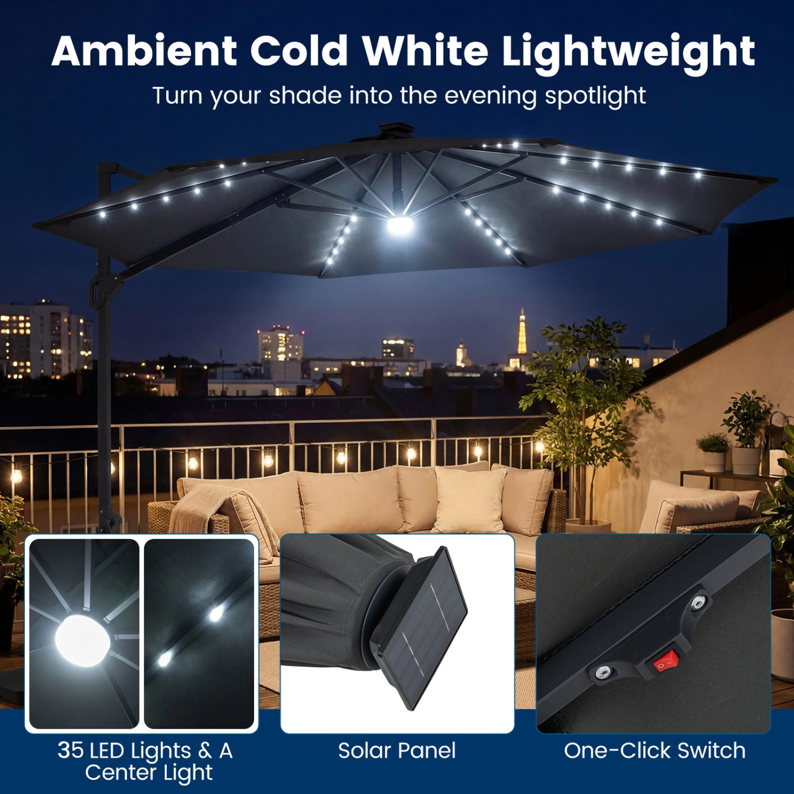 SUGIFT Solar LED Cantilever Patio Umbrella with 10-ft Canopy 360° Rotation Gray