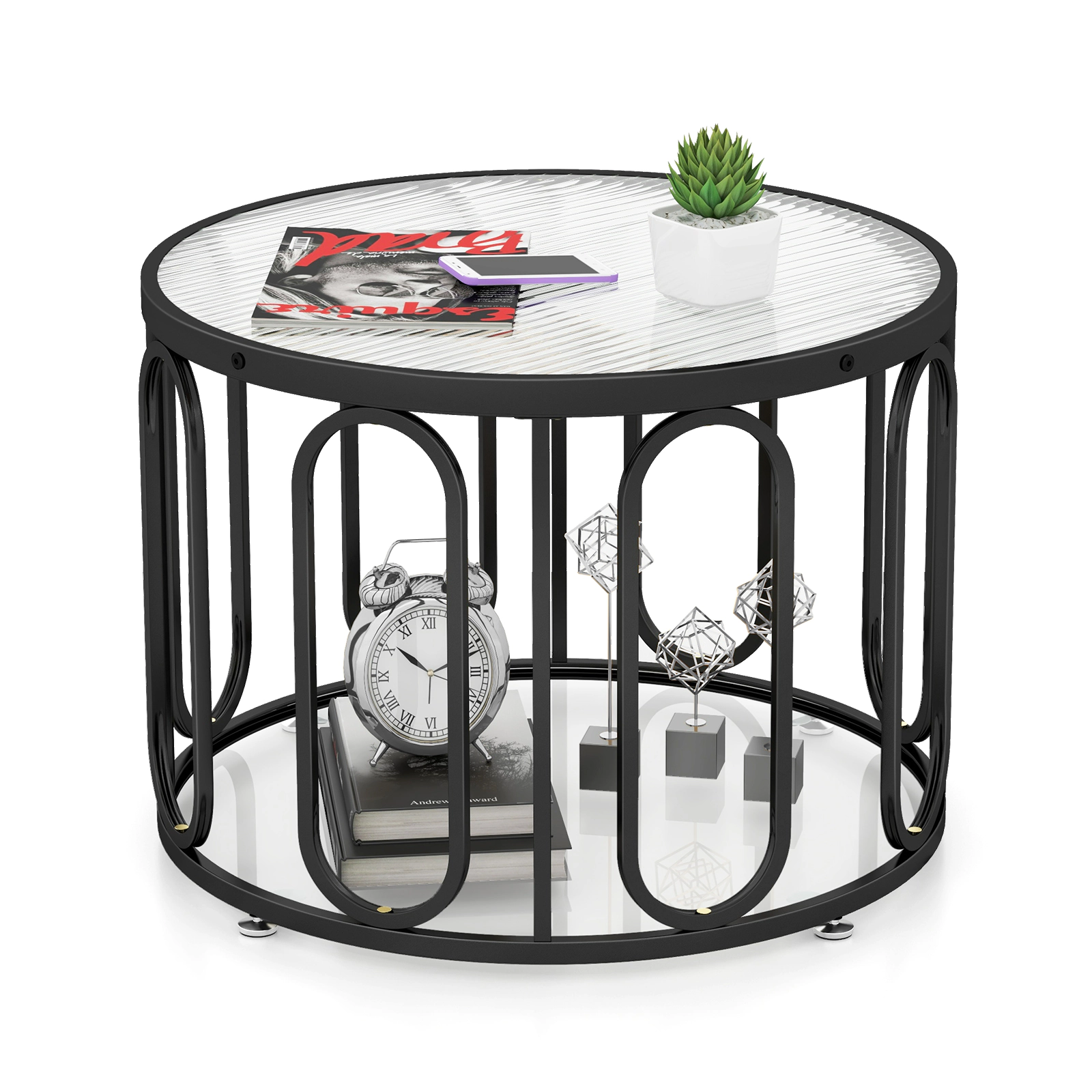 SUGIFT 24-in Round 100-lb Capacity Black Coffee Table with Reeded Tempered Glass Top and Swivel Brackets