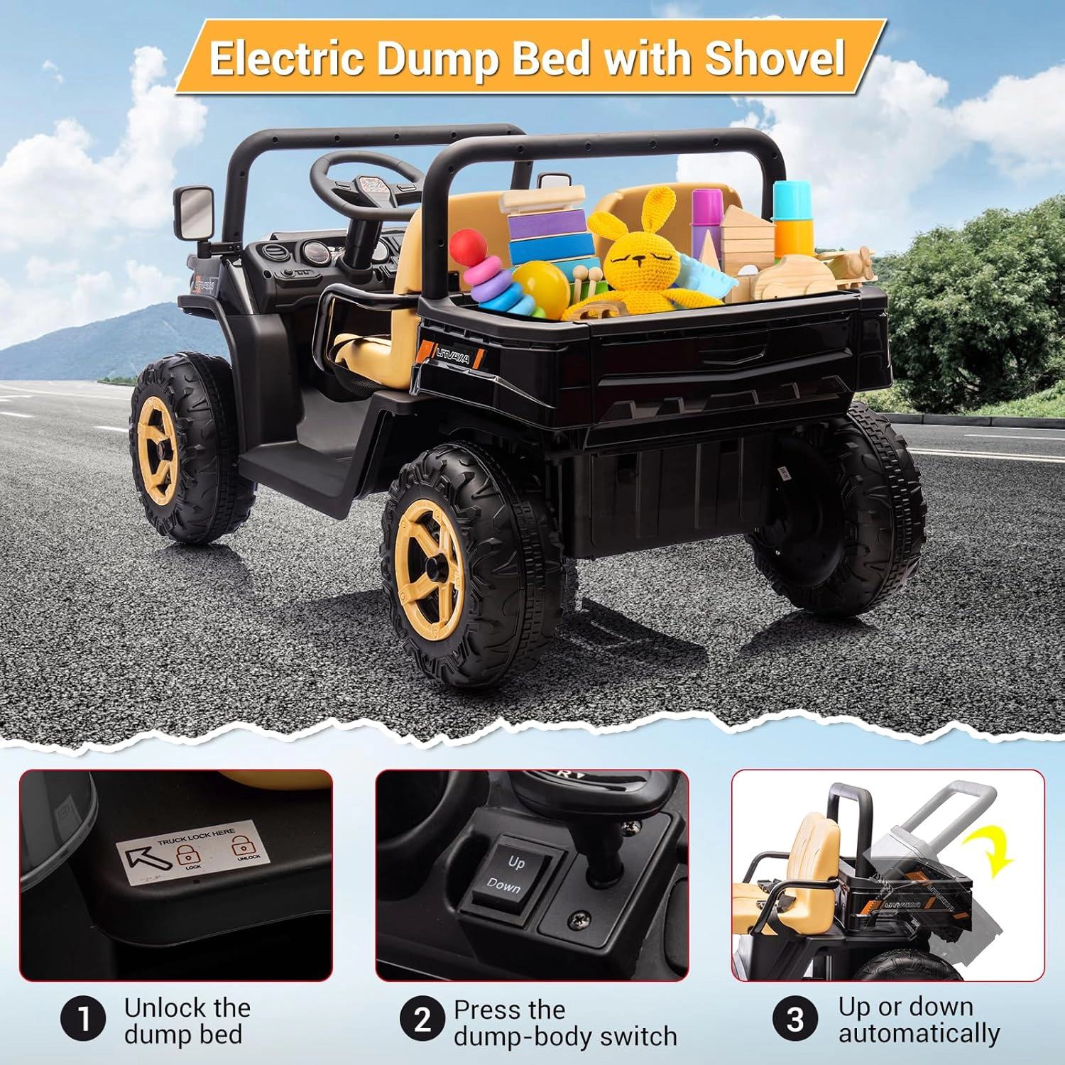 Enjyam 24V Kids 2-Seater Ride On Dump Truck, 4×35W Motors, Electric Bed, Shovel, Remote, Bluetooth, Music & LED Lights