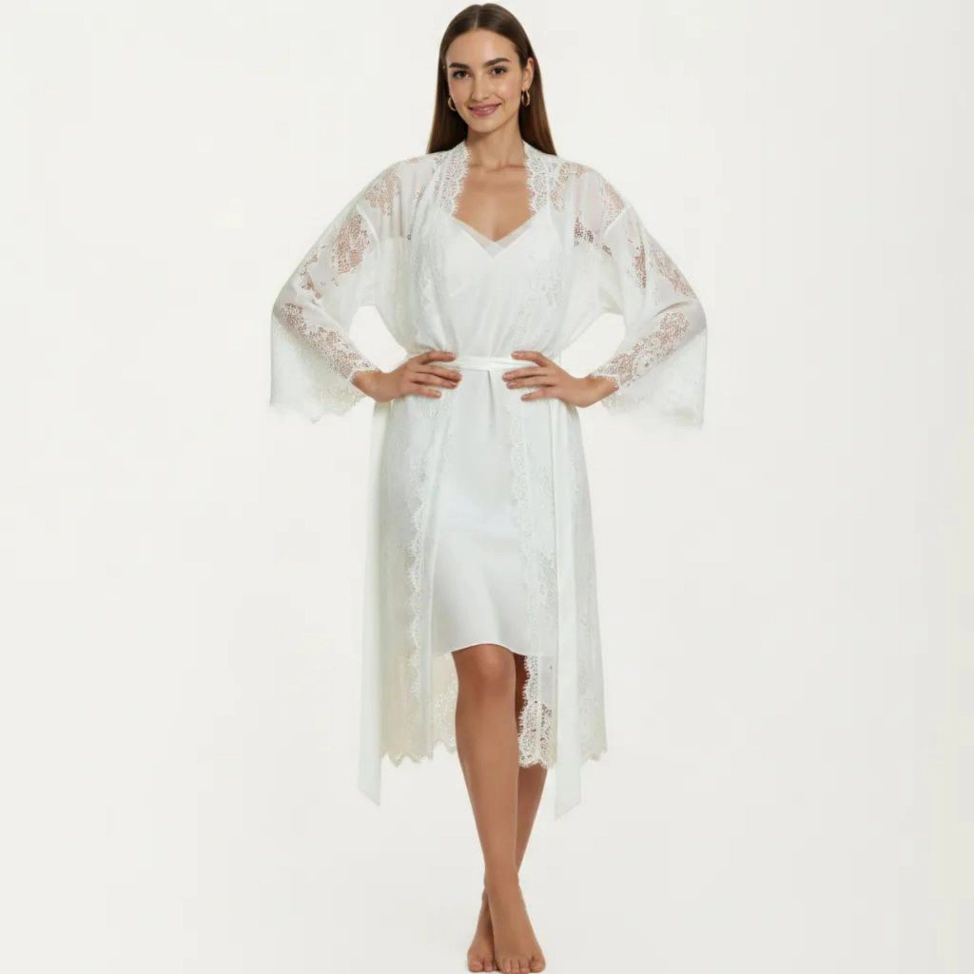 Anna-Kaci Women's 2-Piece Smooth Sleepwear Slip Dress with Sheer Lace Long Robe Open Front Lightweight Nightgown Set