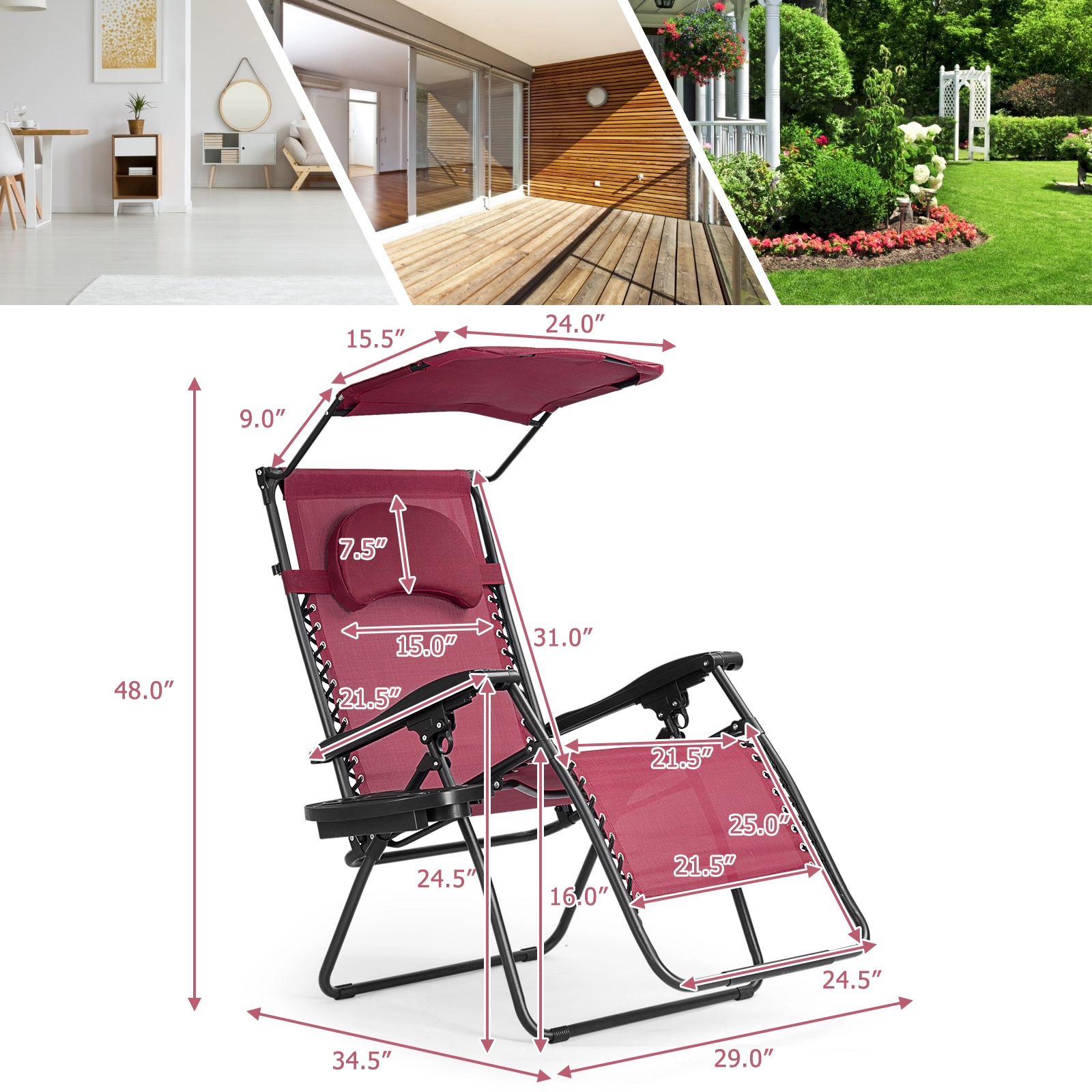 SUGIFT Folding Recliner Lounge Chair Adjustable Shade Canopy & Cup Holder 250-lb Capacity Dark Red Fabric Black Frame