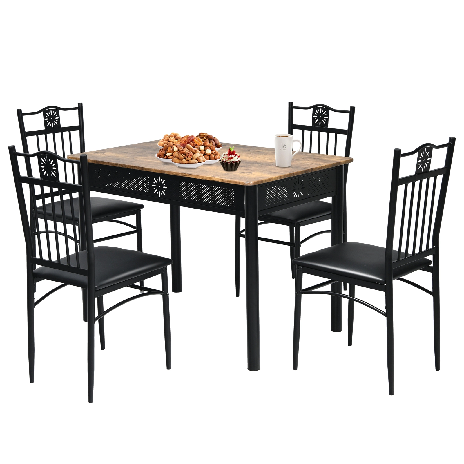 LJG 5 Pcs Dining Set Wood Metal Table and 4 Chairs with Cushions