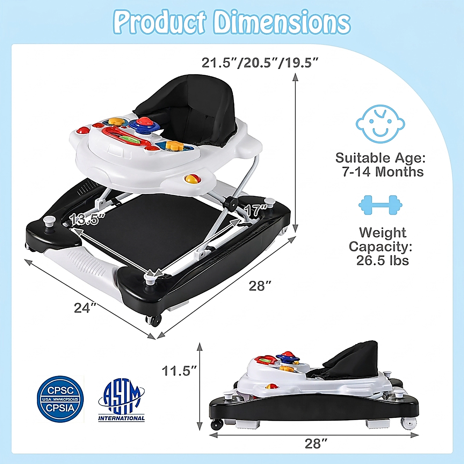 SUGIFT 6 1 Foldable Baby Walker with Detachable Music Tray and Rocker Mode