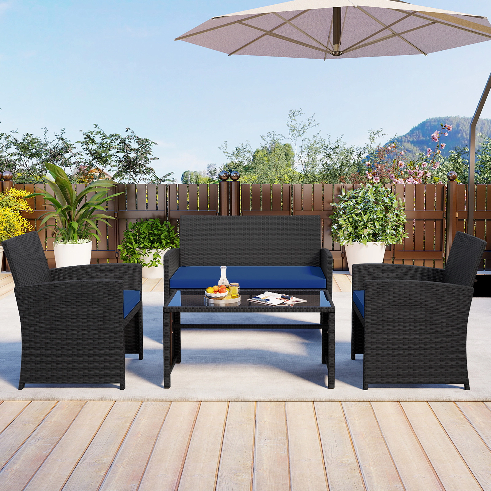SUGIFT 4-Piece Rattan Patio Conversation Set with Tempered Glass Tabletop 400-800-lb Capacity Navy Cushions