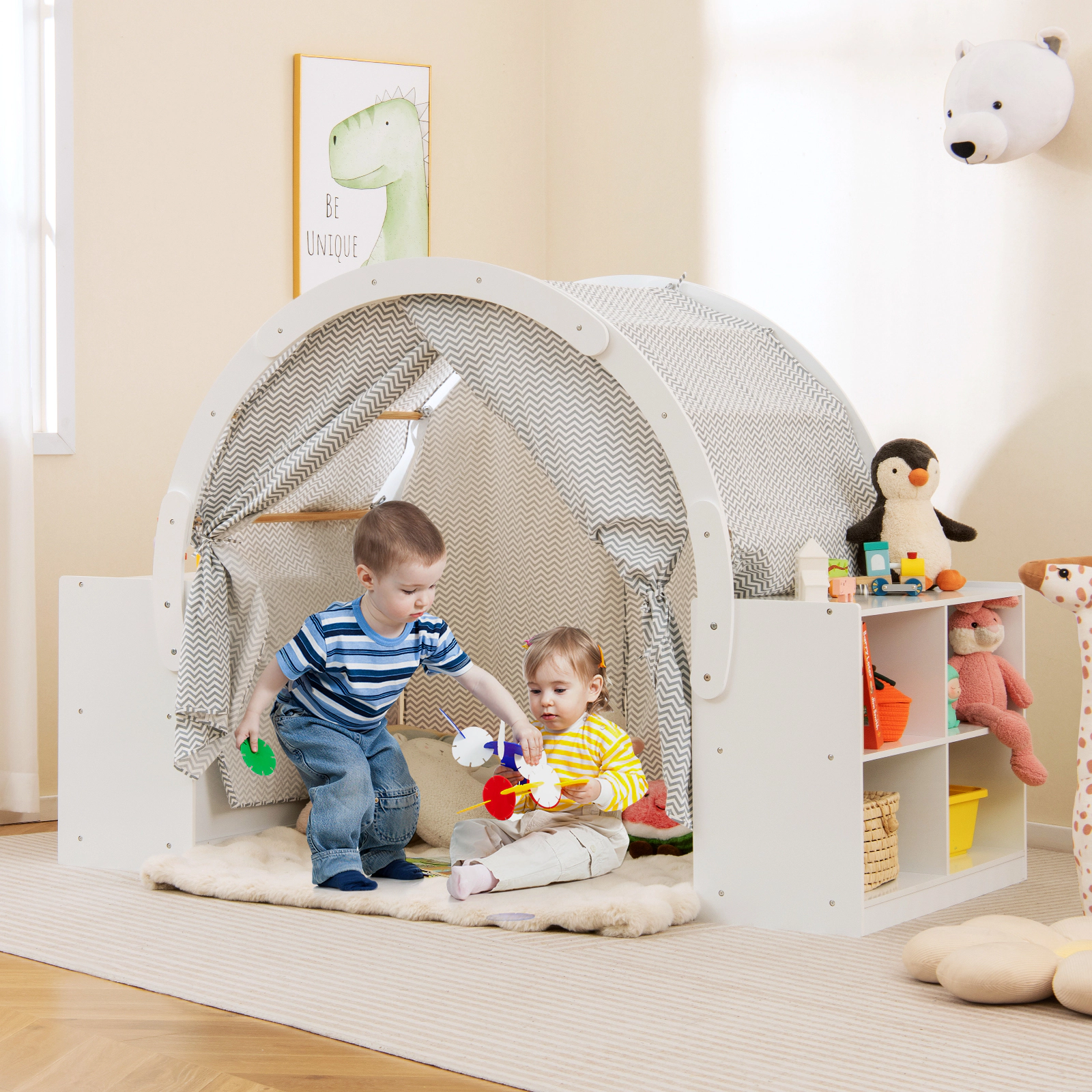 Wooden Kids Play Tent Playhouse with 8 Cubbies and 2 Countertops Curtain Shades Fits Most Kids Mattresses White