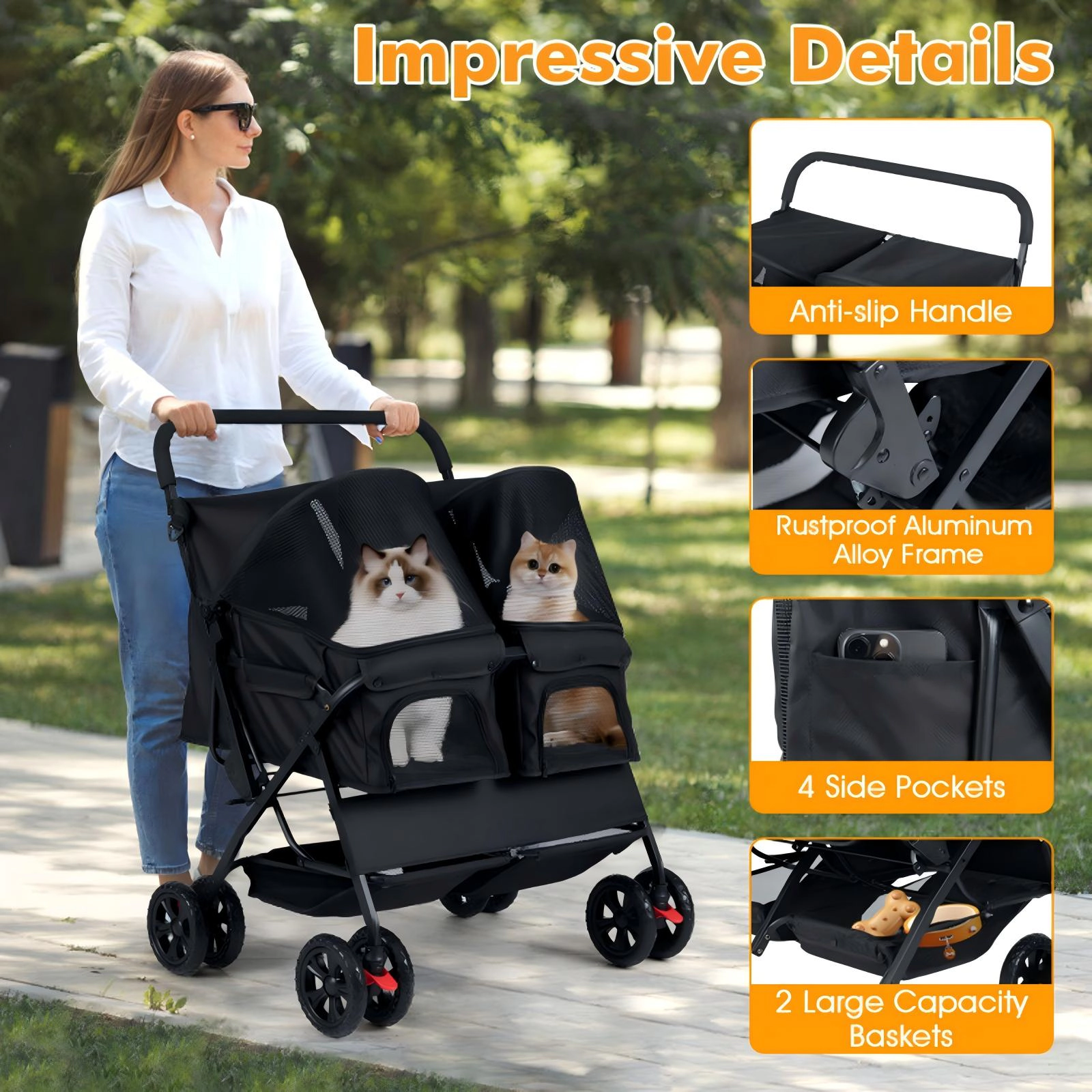 SUGIFT Black Double Pet Stroller with Adjustable Canopy 31.5-in W 28.5-in D 40-in H 26-lb Seat Capacity