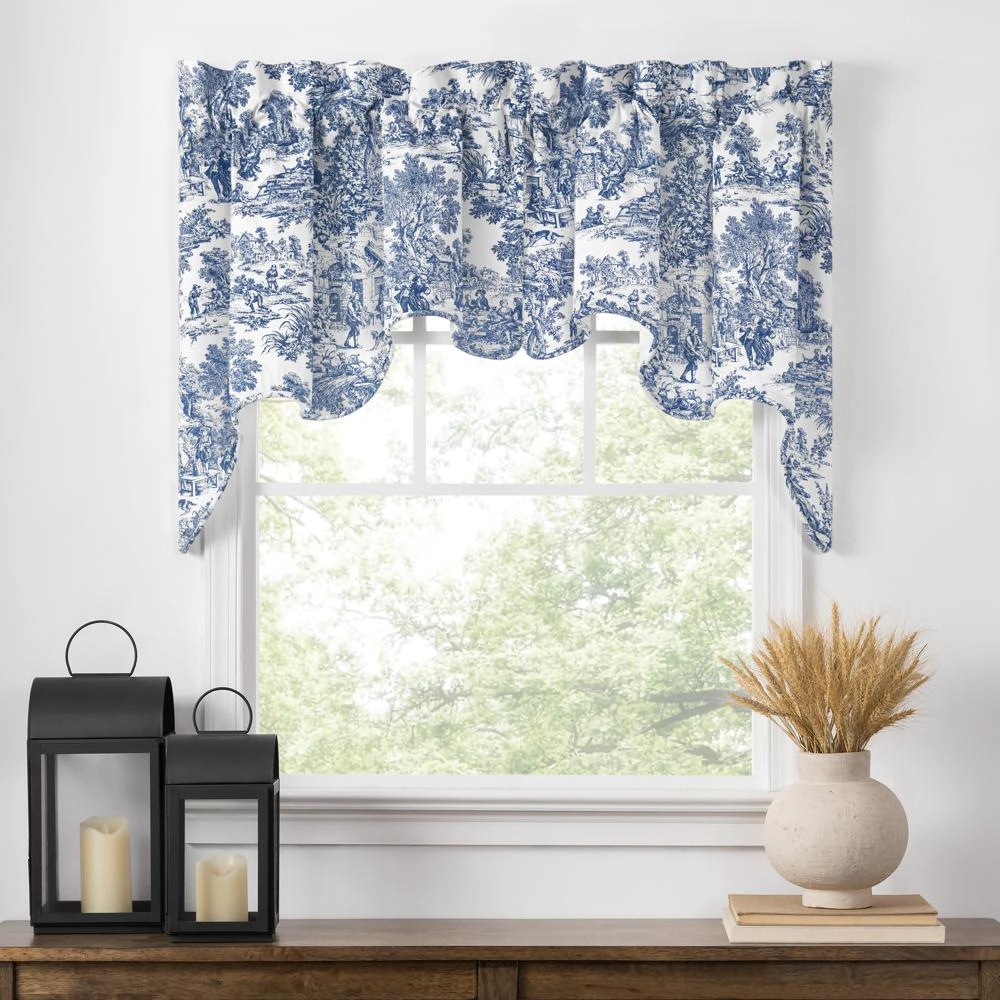 Ellis Curtain Victoria Park Toile 2-Piece High Quality Classic Print Swag Lined Empress Window Valance - 70 x28" Blue