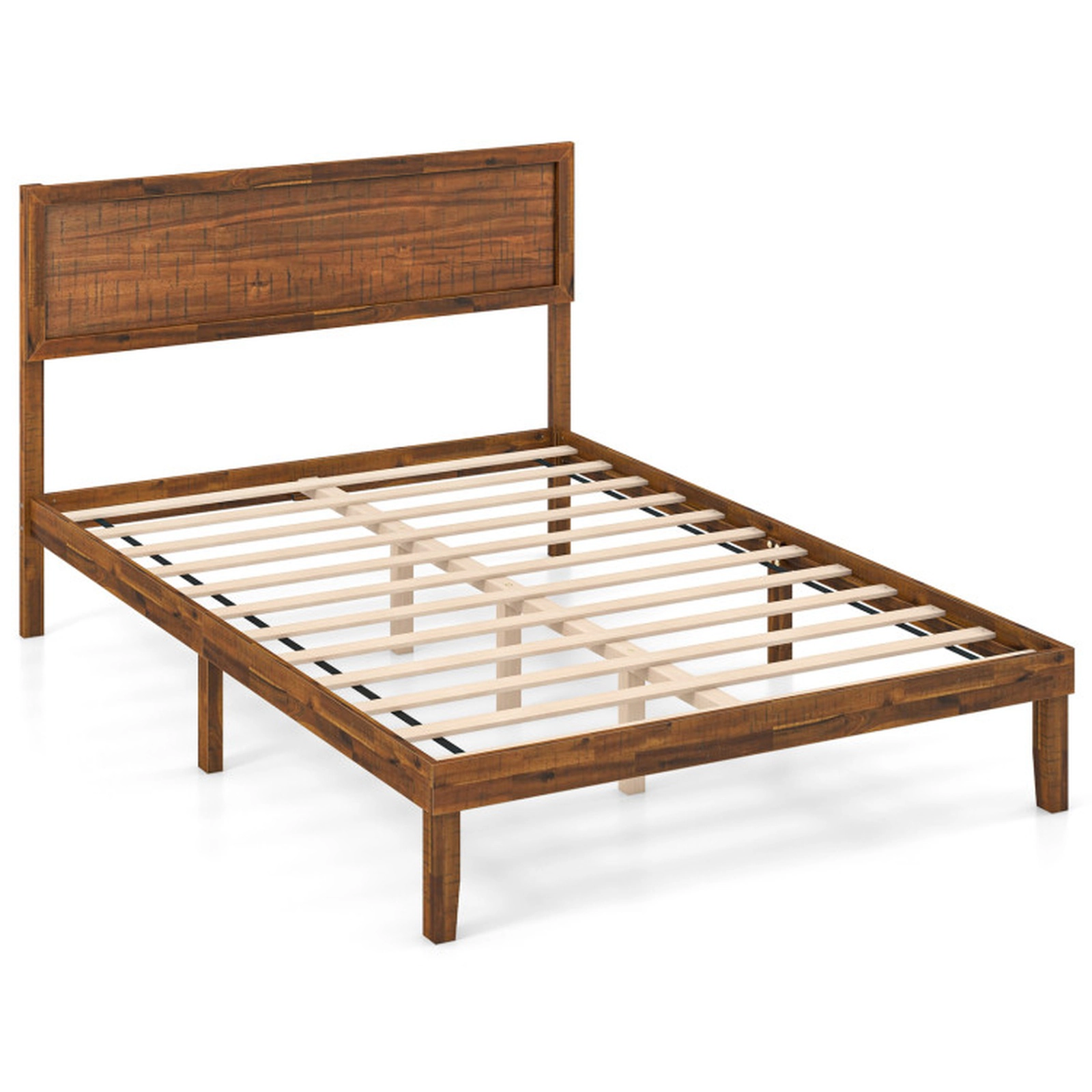 SUGIFT Walnut High Headboard and Slat Support Full Size Wooden Platform Bed Frame