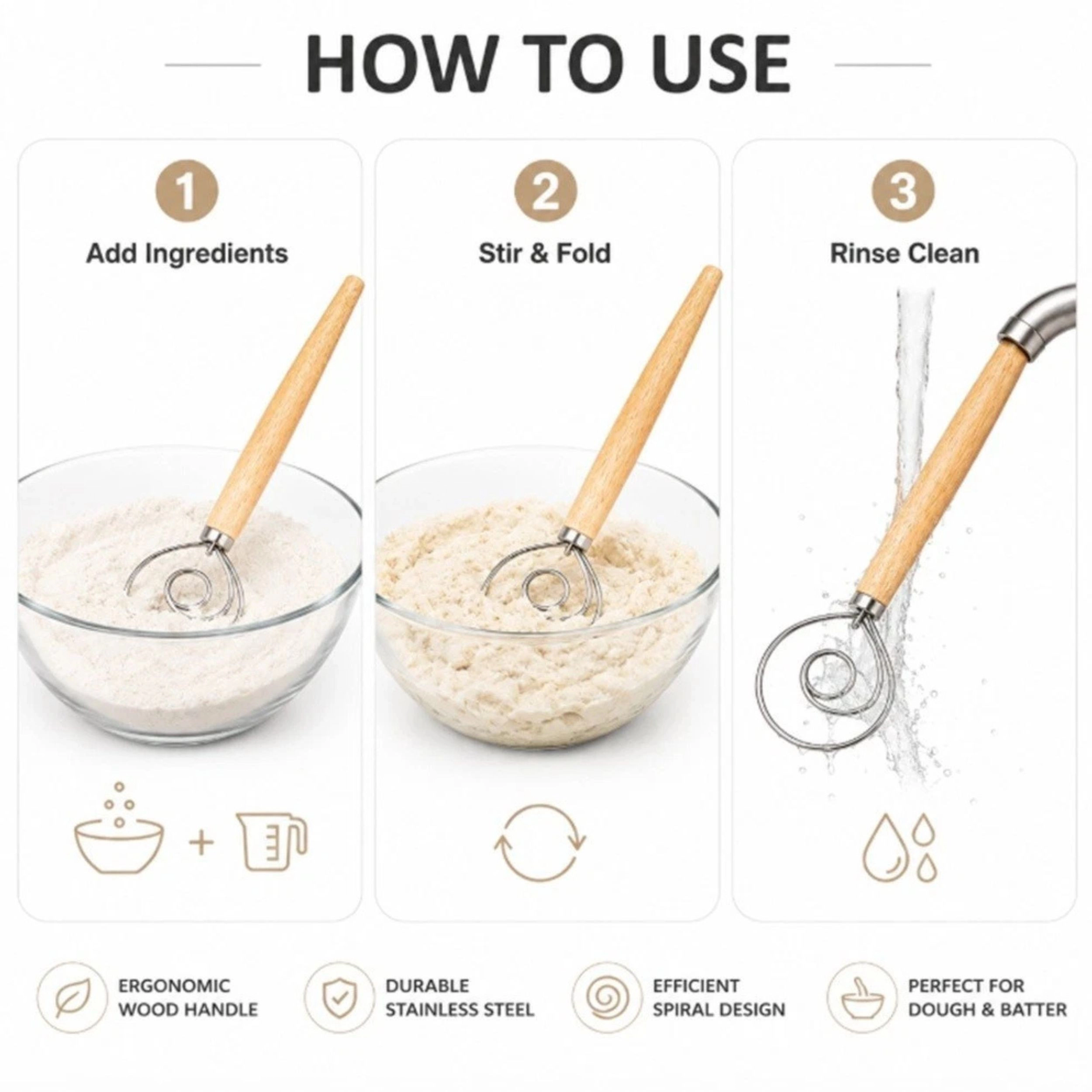 Home Collection Stainless Steel Danish Dough Whisk Ring Hand Mixer