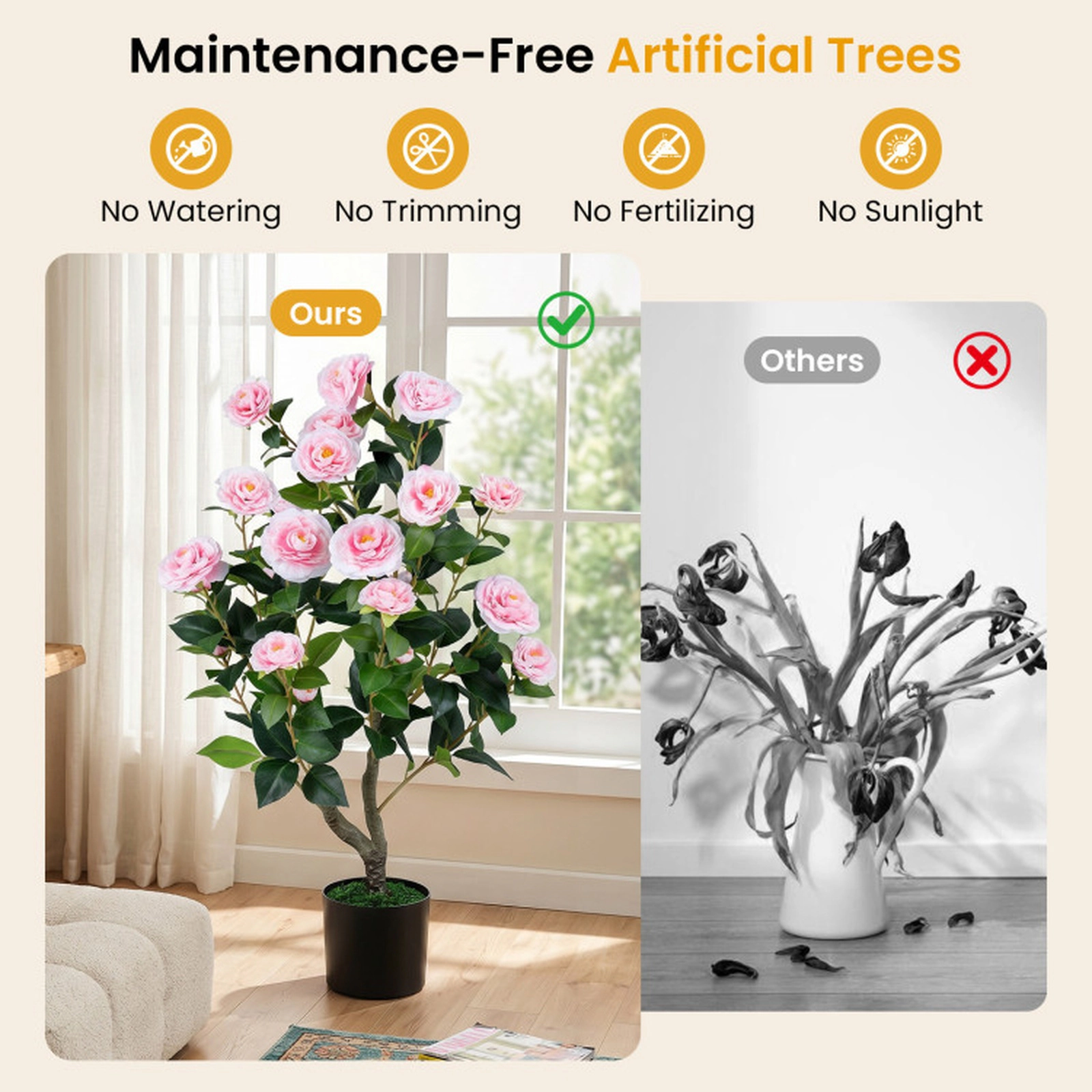 SUGIFT Set of 2 35.5-in 24 Blossoms 174 Leaves Artificial Camellia Trees 6-in x 5-in Cement Pot 15-lb Pink