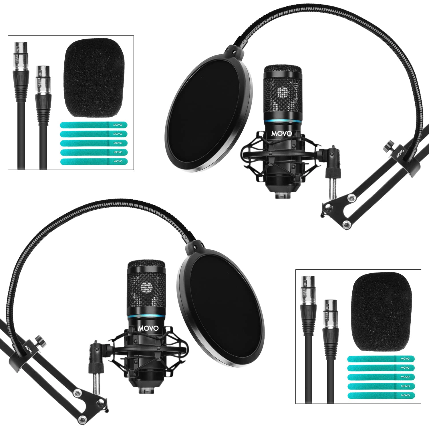 Movo 2-Pack Universal Cardioid Podcasting Microphone Bundle with Articulating Scissor Arm and Pop Filter