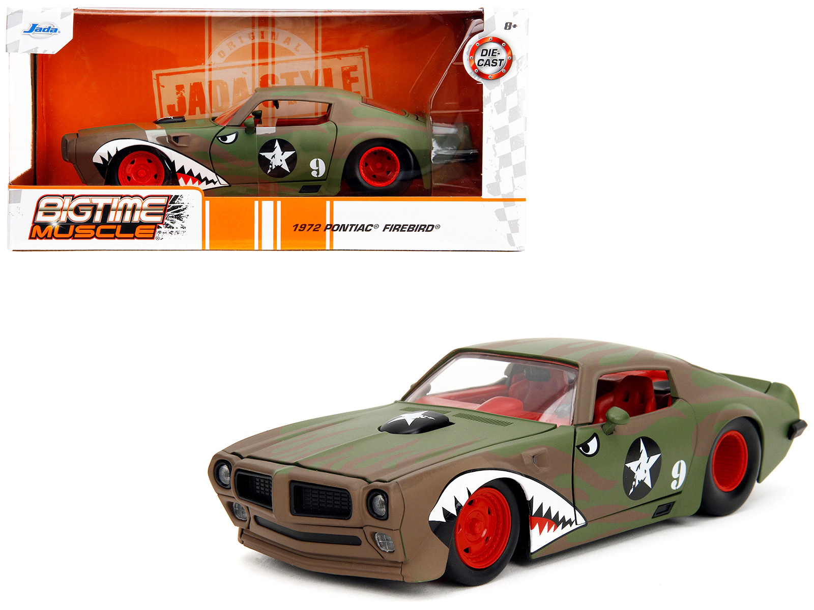 Jada Collectible 1972 Pontiac Firebird #9 Green Camouflage Flames With Graphics And Red Interior "Bigtime Muscle" Series