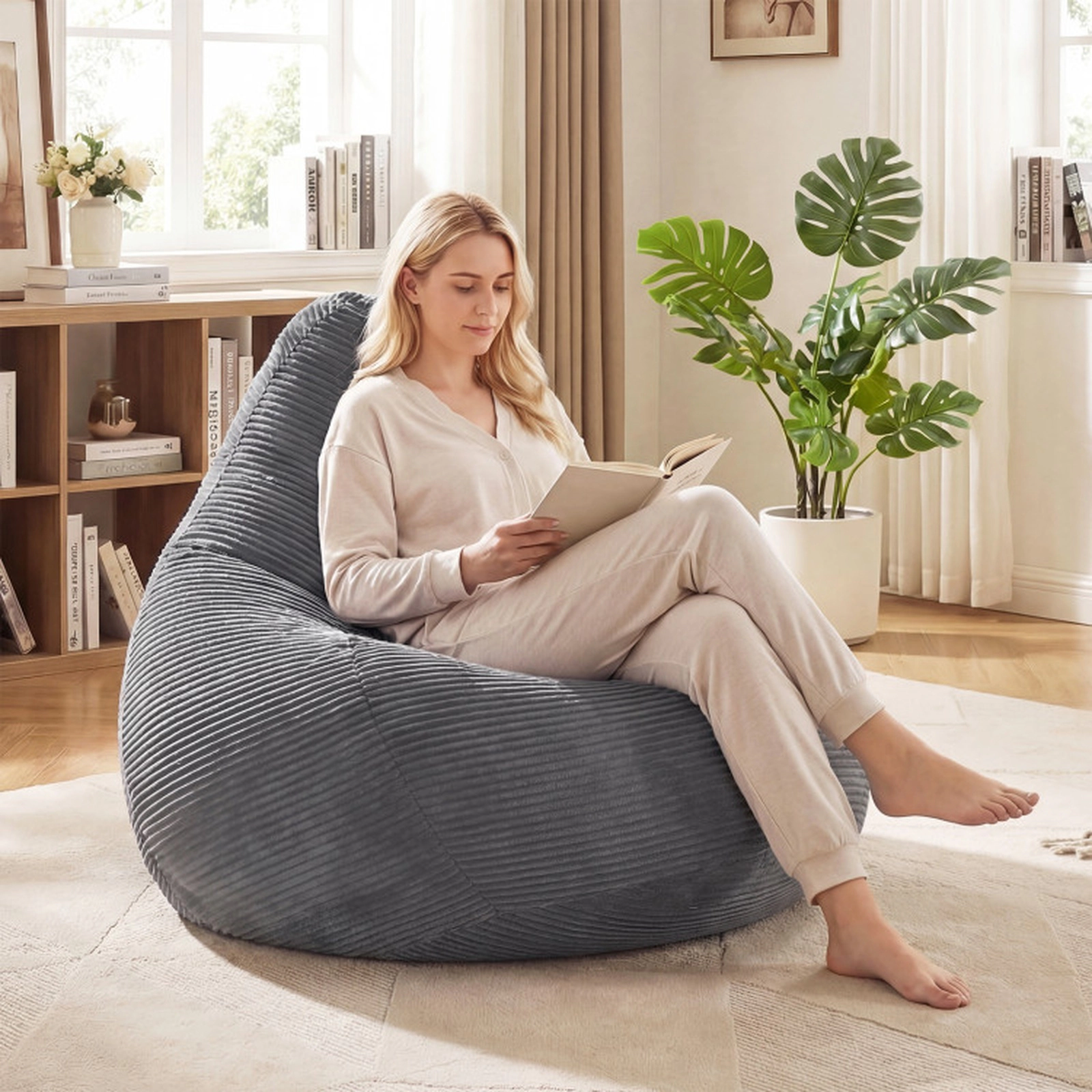 SUGIFT Adult Corduroy Bean Bag Sofa Chair Shredded Sponge Filling 330-lb Capacity 35 x 32 x 28-in 14-in Seat Dark Gray
