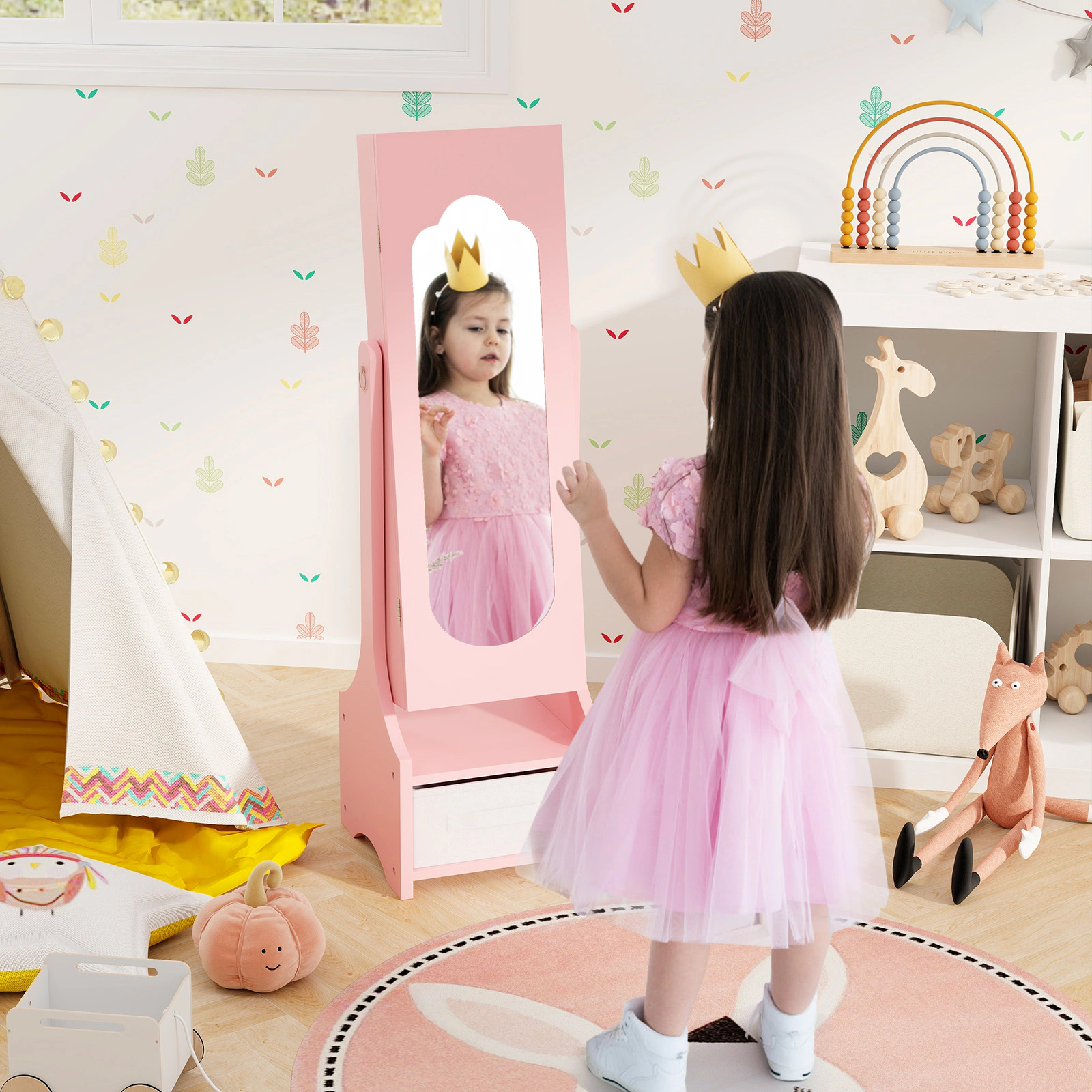 SUGIFT Kids Full-Length Mirror 2 Tilt Angles 64 Ring Slots Jewelry Armoire Cabinet 12.5-in x 12-in x 41.5-in Pink