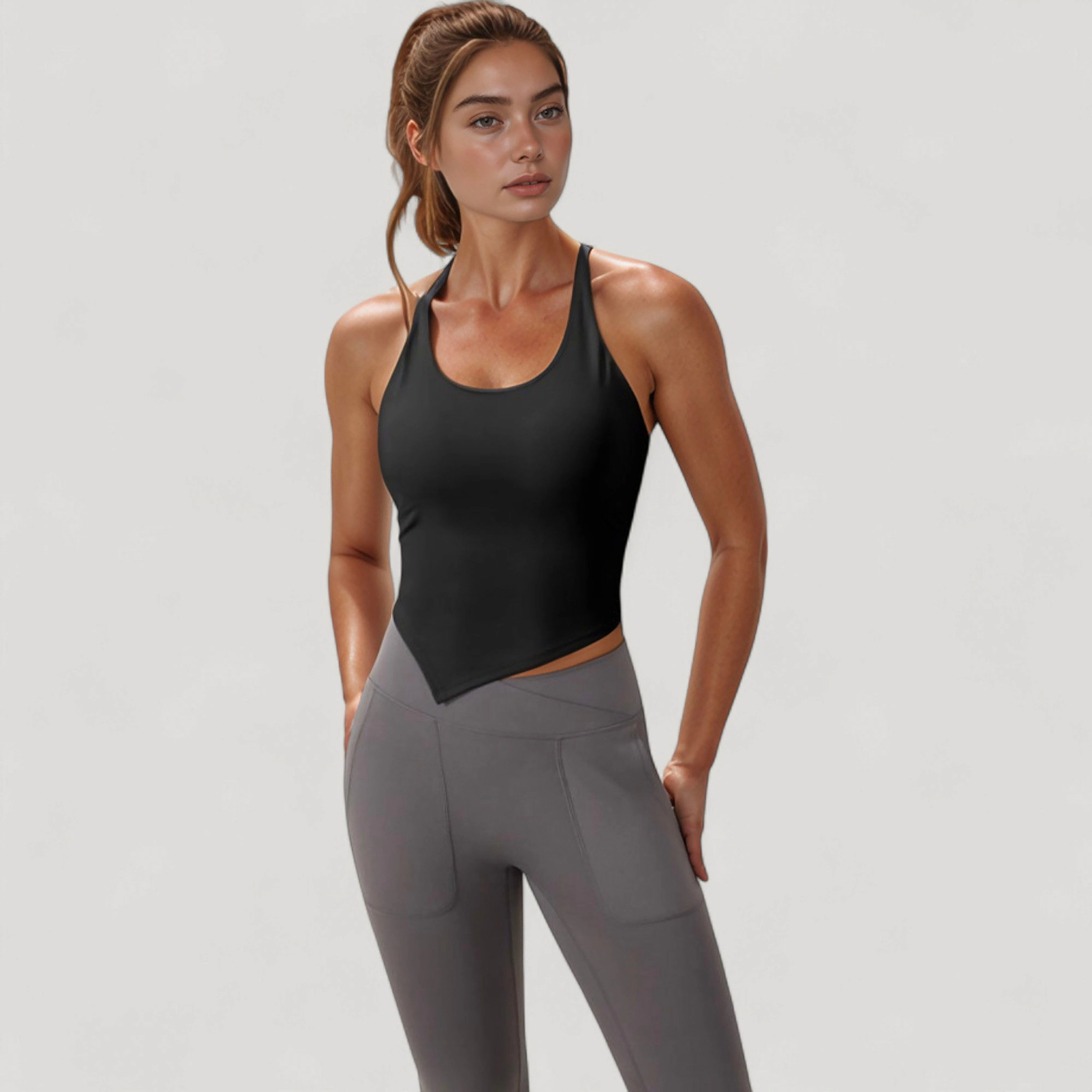 Anna-Kaci Women's Scoop Neck Racerback Tank Top with Handkerchief Hem and Built-In Shelf Bra for Low Impact Activity