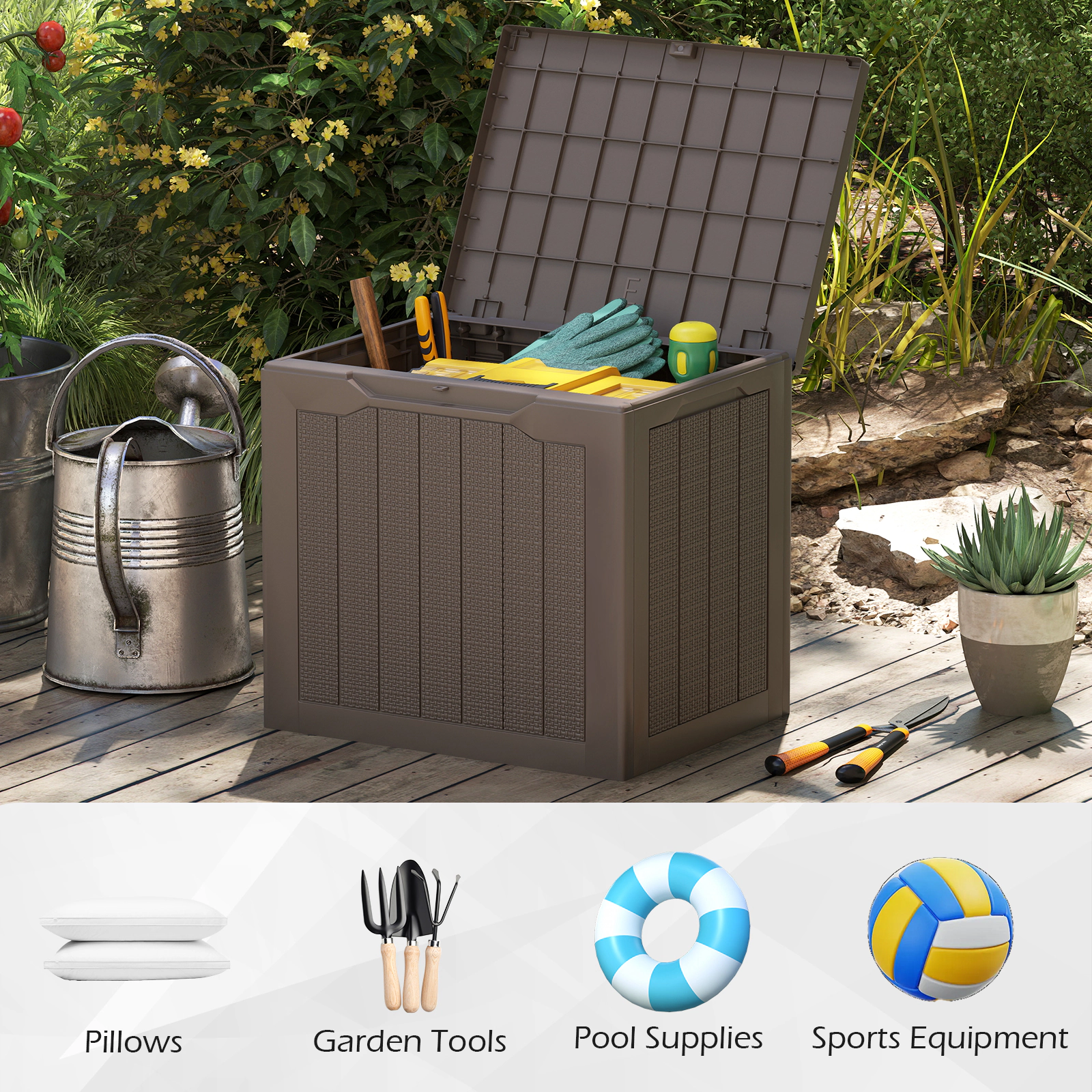 SUGIFT 25-Gal 330-lb Capacity Lockable Brown Wicker Small Deck Box Outdoor Storage Container with Lid