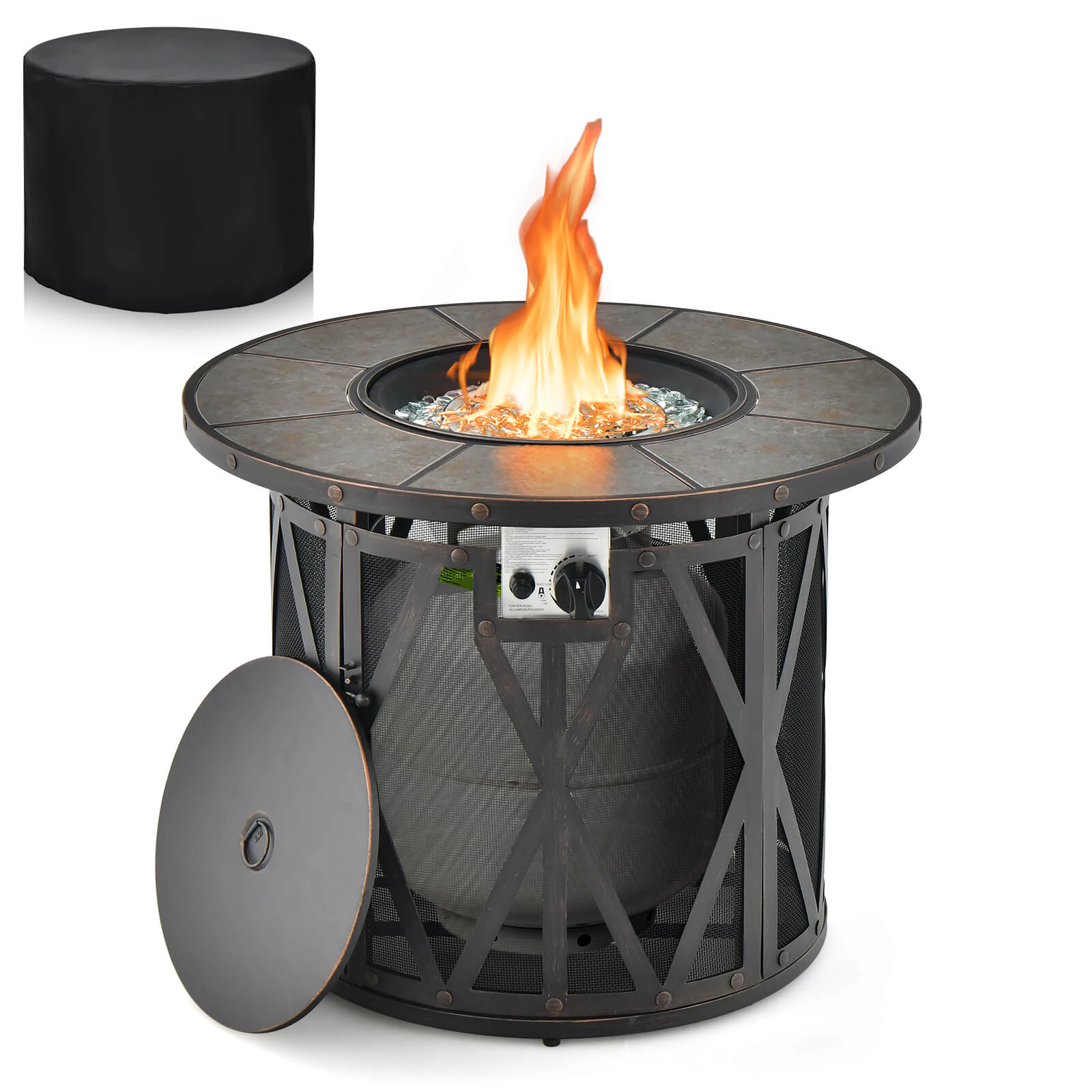 SUGIFT 32-Inch Propane Fire Pit Table, 30,000 BTU, Ceramic Tile Top, Fire Glass and PVC Cover