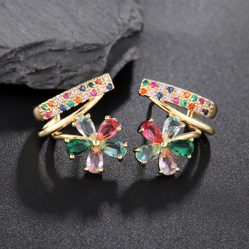 Colorful Flower Cubic Zirconia Huggie Earring Gold Plated Rainbow CZ Twisted Hoop Earring