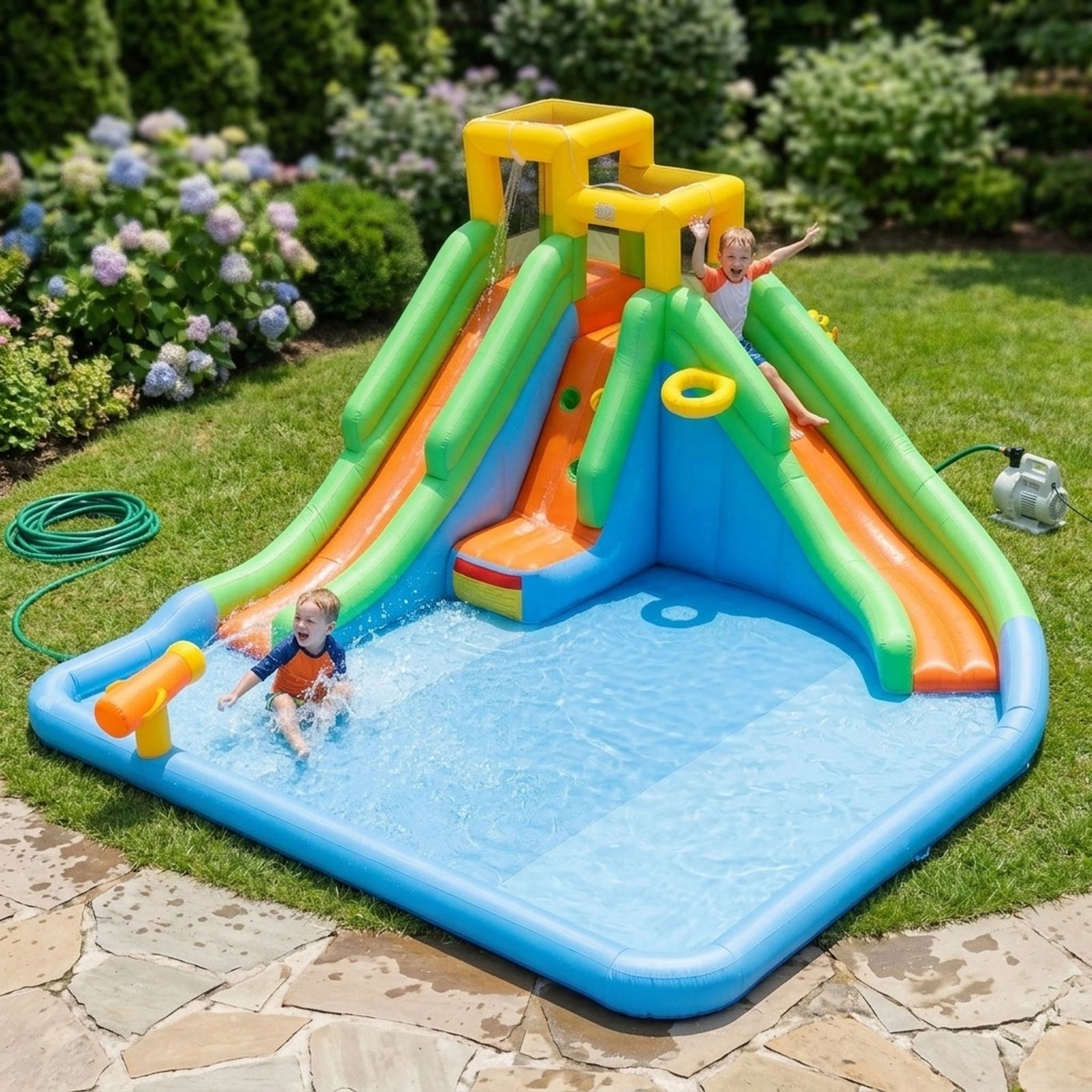 Inflatable Water Slide for Kids Backyard with Double Slides Splash Pool Water Cannon Climbing Wall