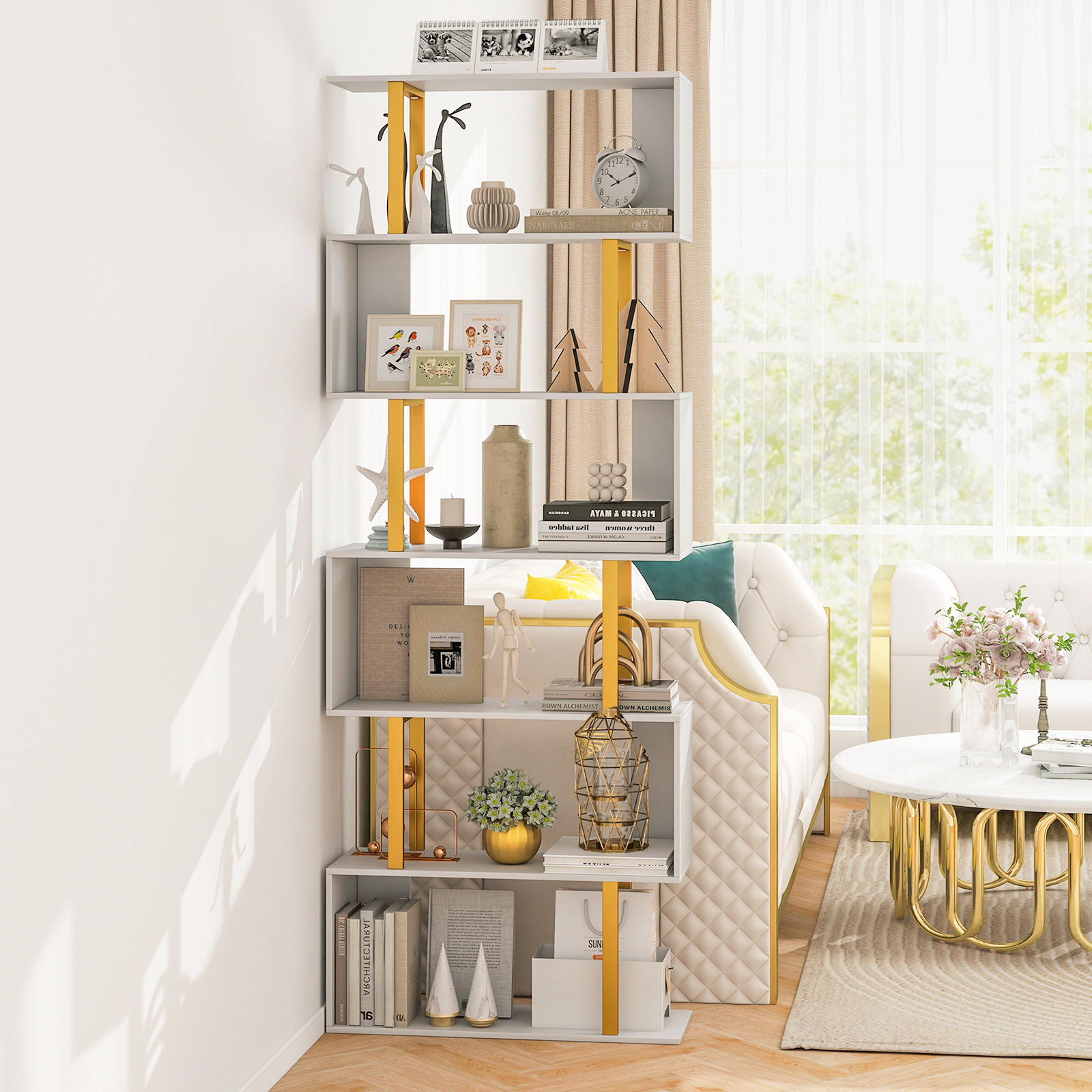LJG 5-Tier/6-Tier Geometric Bookcase with Metal Frame and Anti-Tipping Kits
