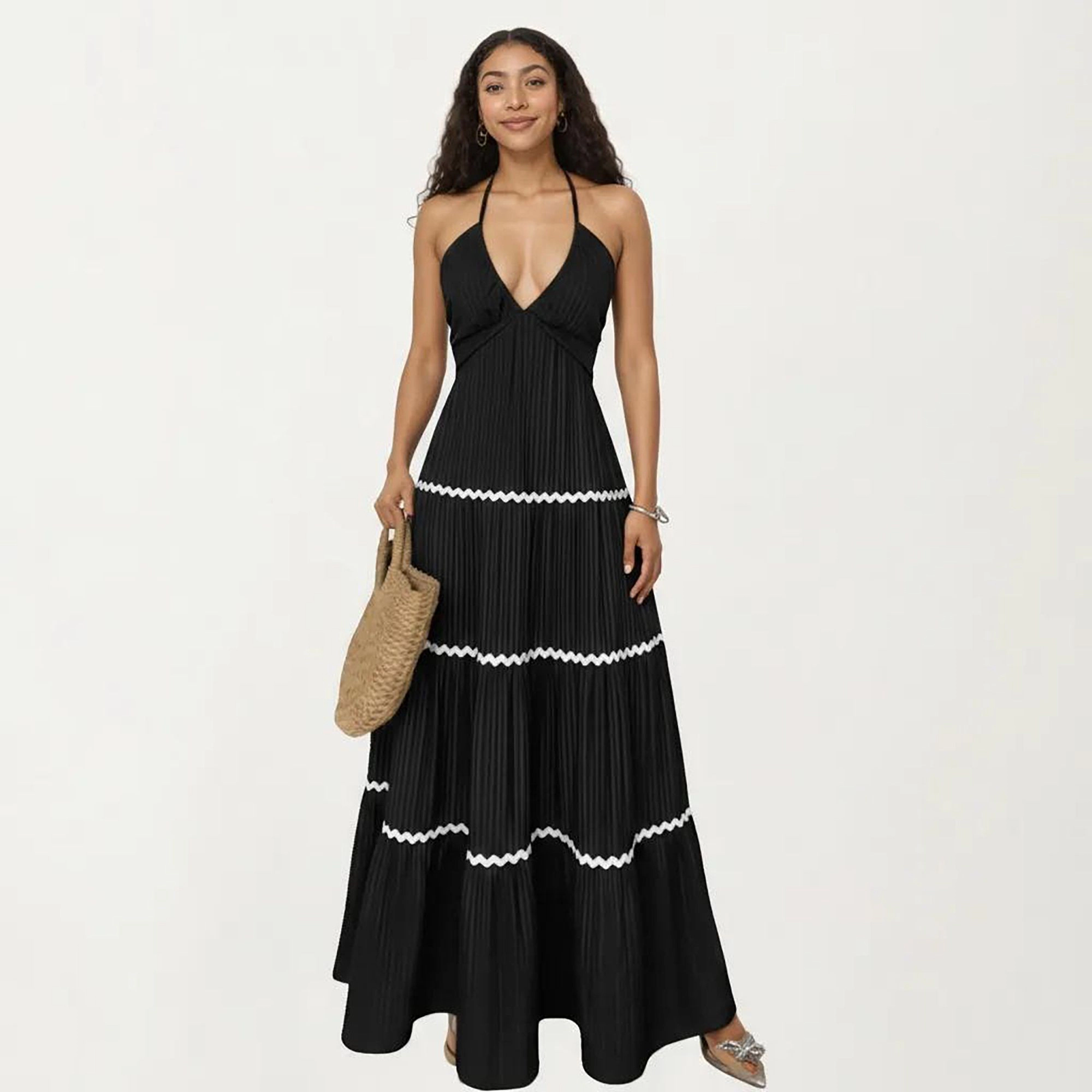 Anna-Kaci Halter Neck Pleated Maxi Dress with Tiered Trim