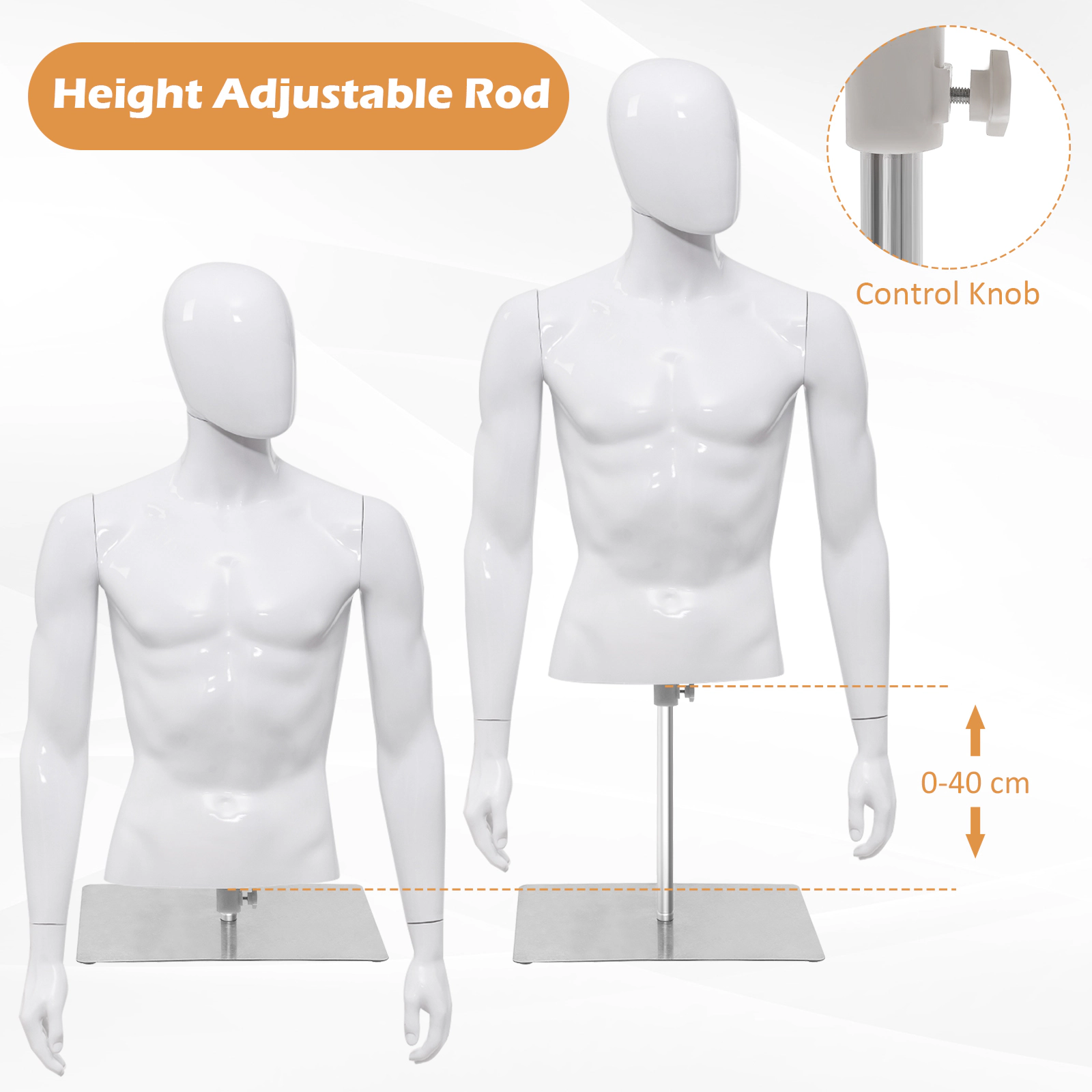 SUGIFT Mens 42.5-in to 52-in Adjustable Rotating Head Metal Base Half Body Mannequin 19-in Shoulder 12-lb White