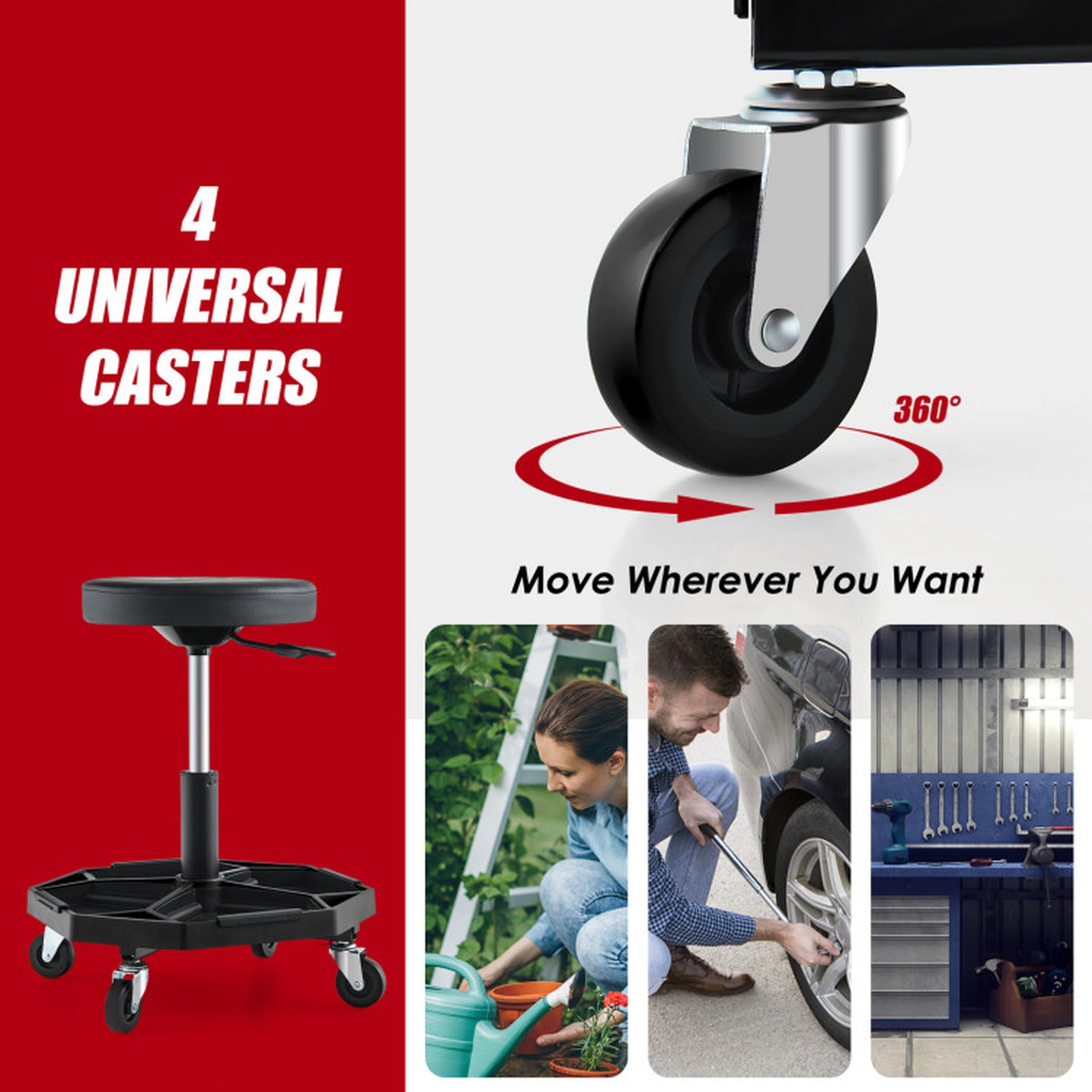SUGIFT 16-in to 22-in Adjustable 4 Casters Tool Tray Pneumatic Rolling Mechanic Stool 20-in x 20-in 330-lb Black
