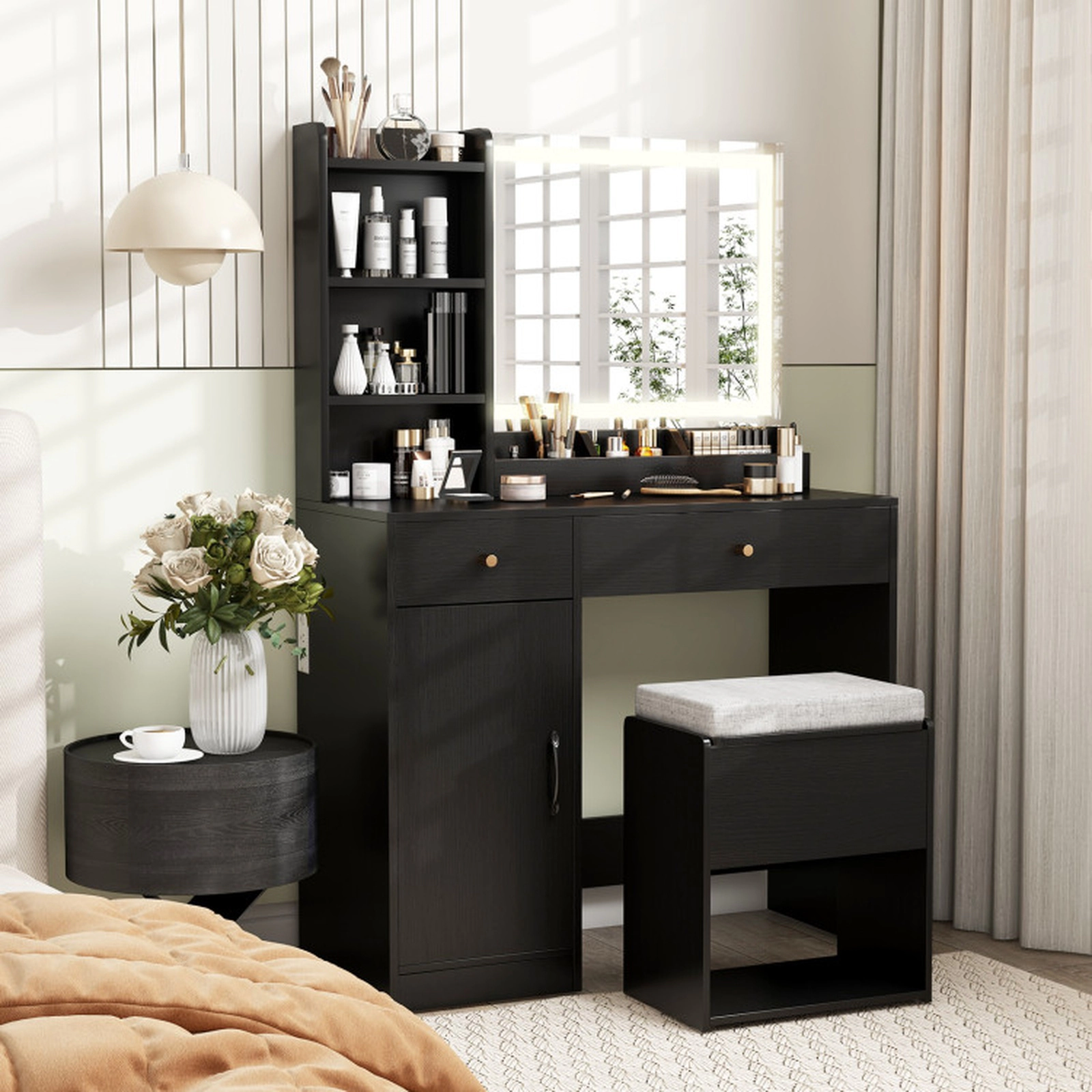 SUGIFT Lighted Mirror Vanity Dressing Table and Stool Set with Charging Ports 120-lb Tabletop Capacity Black