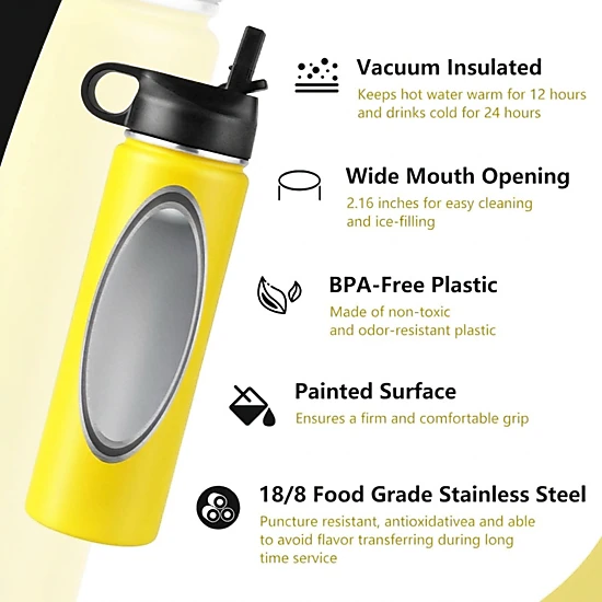 SUGIFT 22-oz Yellow Insulated Stainless Steel Water Bottle with 2 Lids and Flip-Up Straw 3-in Dia 9.6-in H