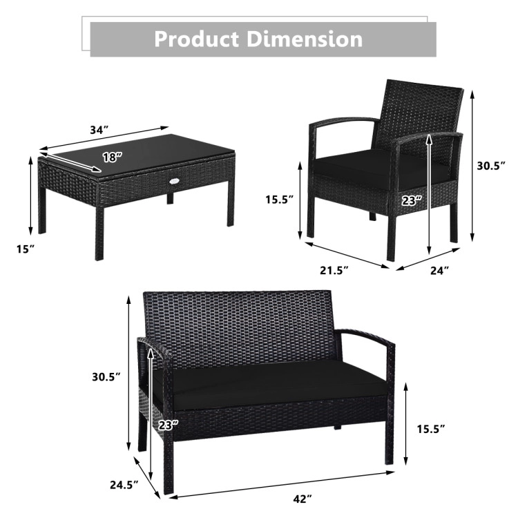 Hivvago 4Pcs Outdoor Rattan Patio Furniture Set W/ Cushions, Loveseat, Chairs & Table